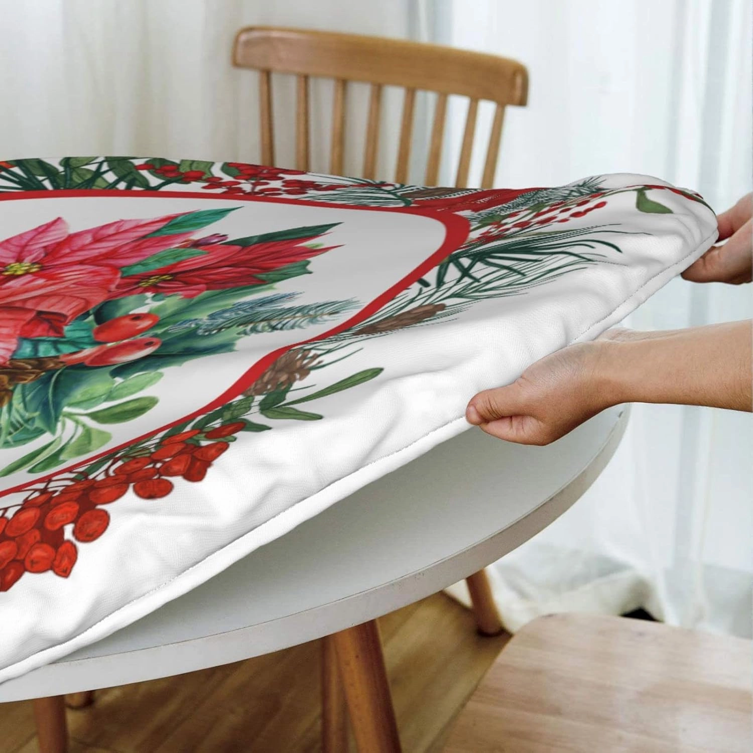 Christmas Holly Tablecloths Round Tablecloth Fitted Elastic Table Cover Washable for Kitchen Dining Picnic Party Fit T able 45-50