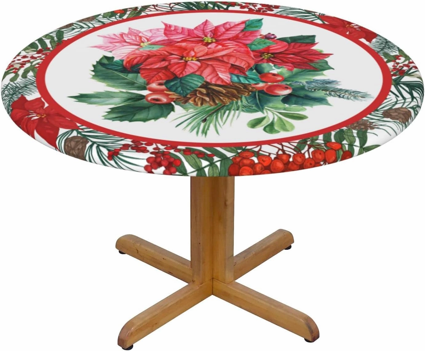 Christmas Holly Tablecloths Round Tablecloth Fitted Elastic Table Cover Washable for Kitchen Dining Picnic Party Fit T able 45-50