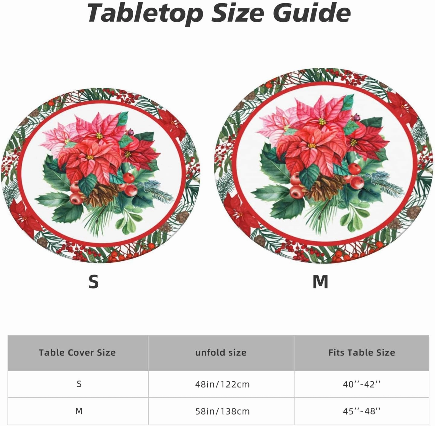 Christmas Holly Tablecloths Round Tablecloth Fitted Elastic Table Cover Washable for Kitchen Dining Picnic Party Fit T able 45-50