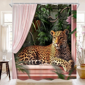 Cinbloo Pink Leopard Shower Curtain 72Wx72H Cheetah Wildlife Vintage Jungle Animal Pearl Bathroom Curtain Set Tropical Bath Curtain Cloth Fabric Leaves Plant Bathroom Accessories Decor with 12 Hooks