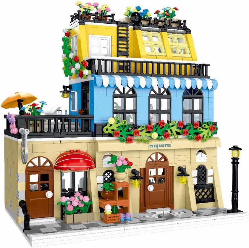 City Hotel Modular House Building Blocks 1464pcs: Garden Hotel MOC Building Set with LED Light, Collectible Display Model Creative Gift for Teens and Adults