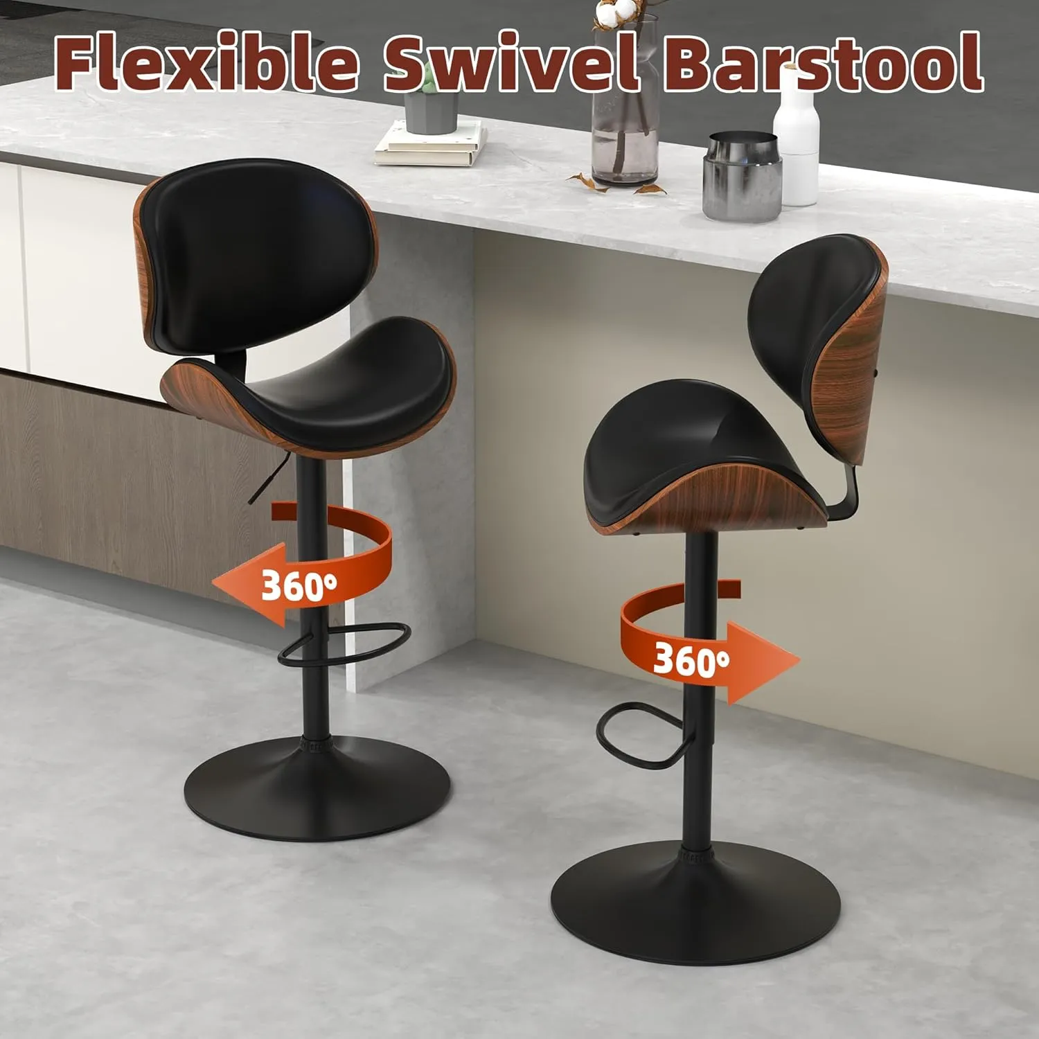 civama Bar Stools Set of 2 for Kitchen Counter, Adjustable Bar Height Chairs, Modern Swivel Barstools with Bentwood Seat and Back with Footrest, for Kitchen Island, Dining Room, Black PU Leather