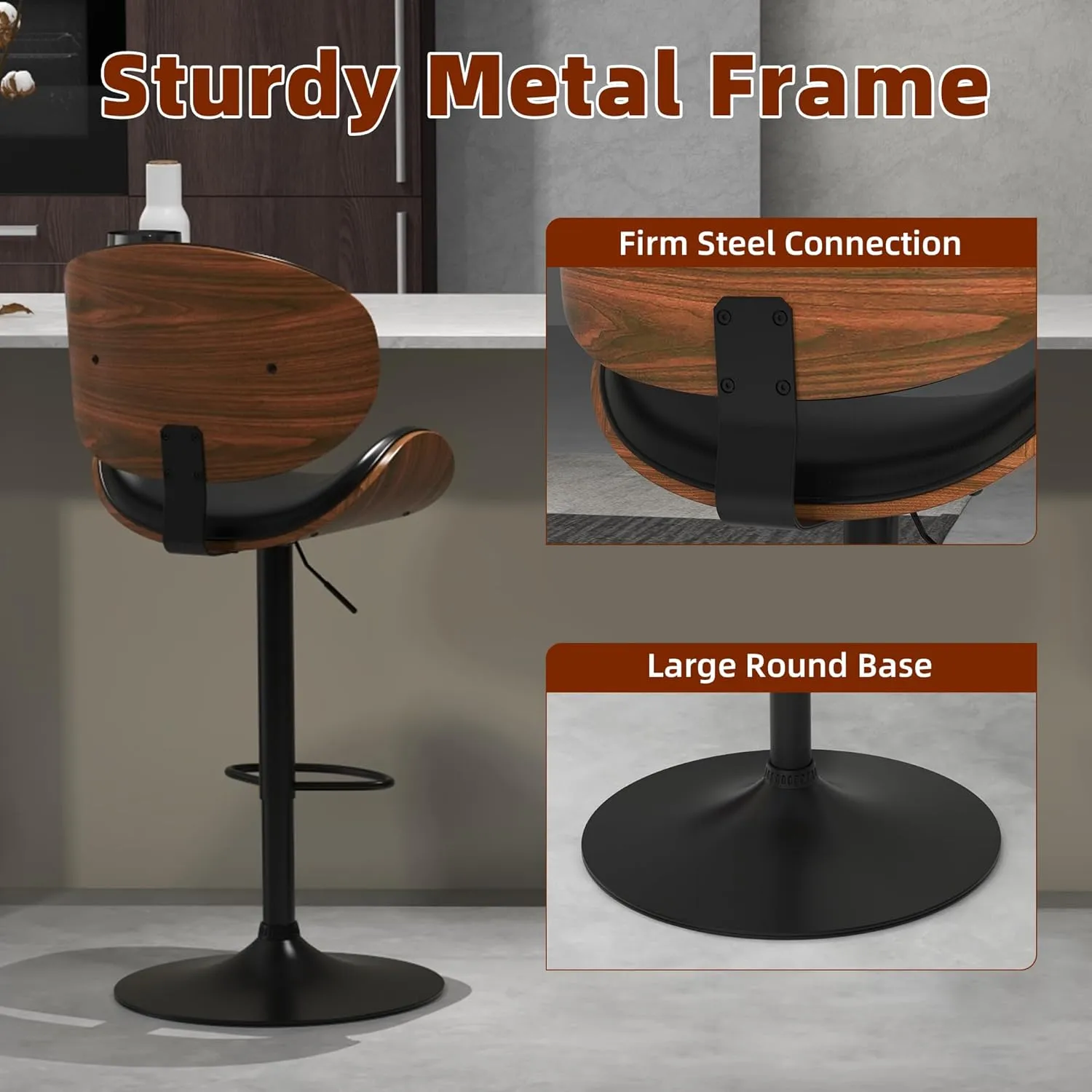 civama Bar Stools Set of 2 for Kitchen Counter, Adjustable Bar Height Chairs, Modern Swivel Barstools with Bentwood Seat and Back with Footrest, for Kitchen Island, Dining Room, Black PU Leather