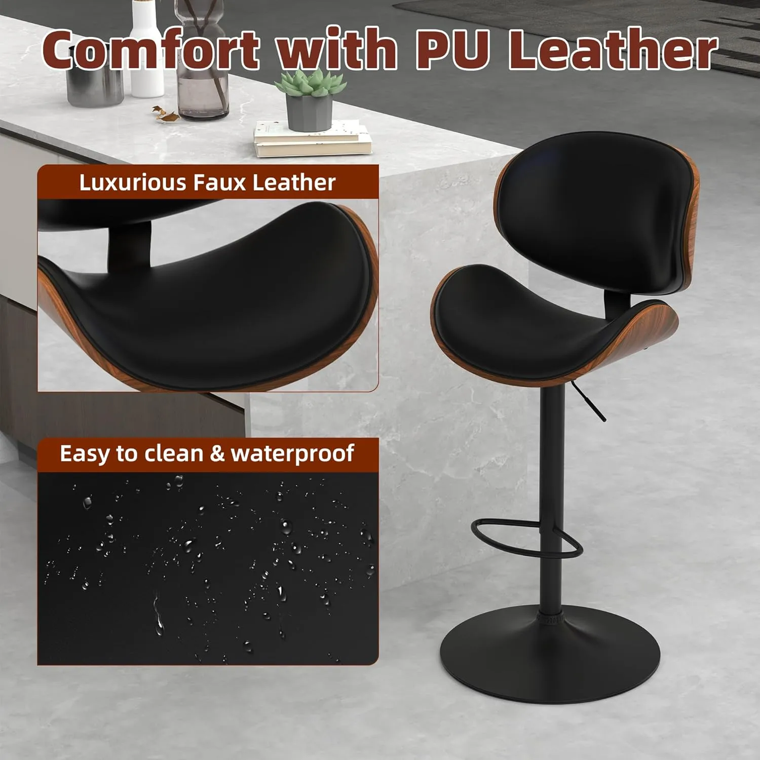 civama Bar Stools Set of 2 for Kitchen Counter, Adjustable Bar Height Chairs, Modern Swivel Barstools with Bentwood Seat and Back with Footrest, for Kitchen Island, Dining Room, Black PU Leather