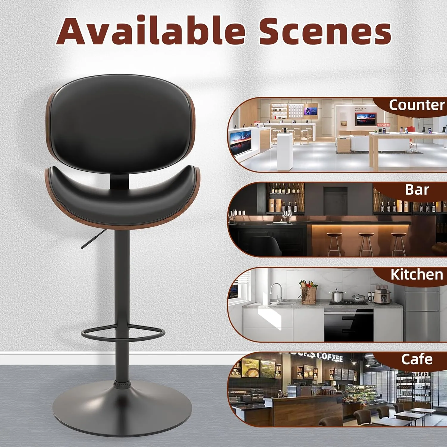 civama Bar Stools Set of 2 for Kitchen Counter, Adjustable Bar Height Chairs, Modern Swivel Barstools with Bentwood Seat and Back with Footrest, for Kitchen Island, Dining Room, Black PU Leather