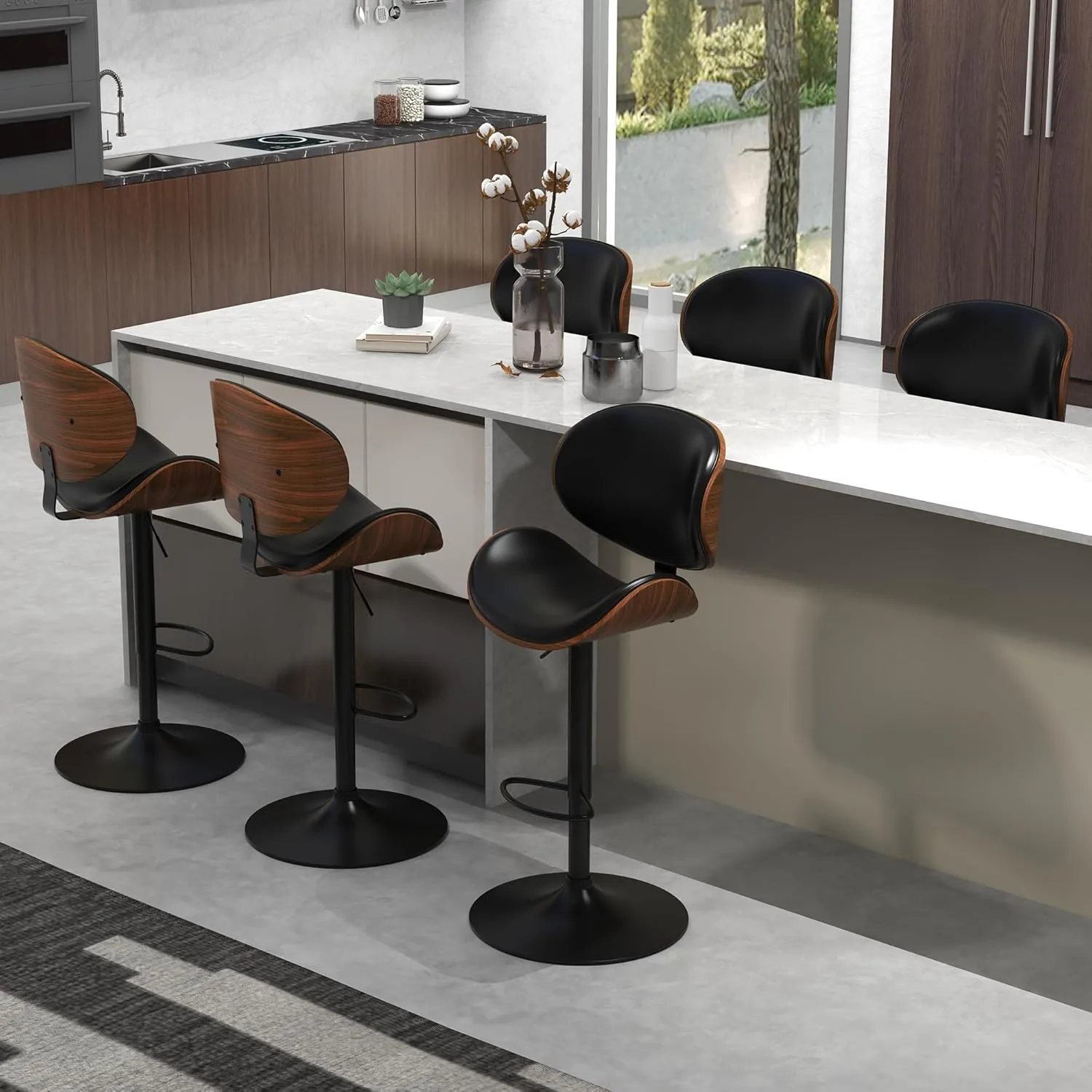 civama Bar Stools Set of 2 for Kitchen Counter, Adjustable Bar Height Chairs, Modern Swivel Barstools with Bentwood Seat and Back with Footrest, for Kitchen Island, Dining Room, Black PU Leather