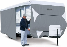 Classic Accessories Over Drive PolyPRO3 Deluxe Travel Trailer/Toy Hauler Cover, Fits 15'-18' RVs, Camper RV Cover, Customizable Fit, Water-Resistant, All Season Protection for Motorhome, Grey/White