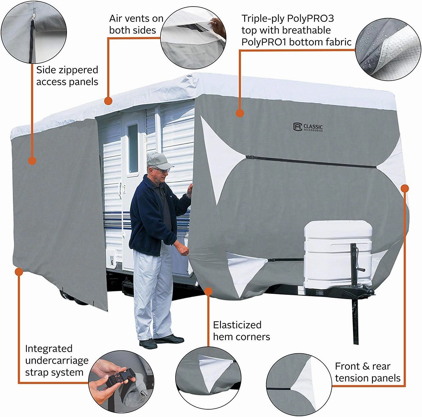 Classic Accessories Over Drive PolyPRO3 Deluxe Travel Trailer/Toy Hauler Cover, Fits 15'-18' RVs, Camper RV Cover, Customizable Fit, Water-Resistant, All Season Protection for Motorhome, Grey/White