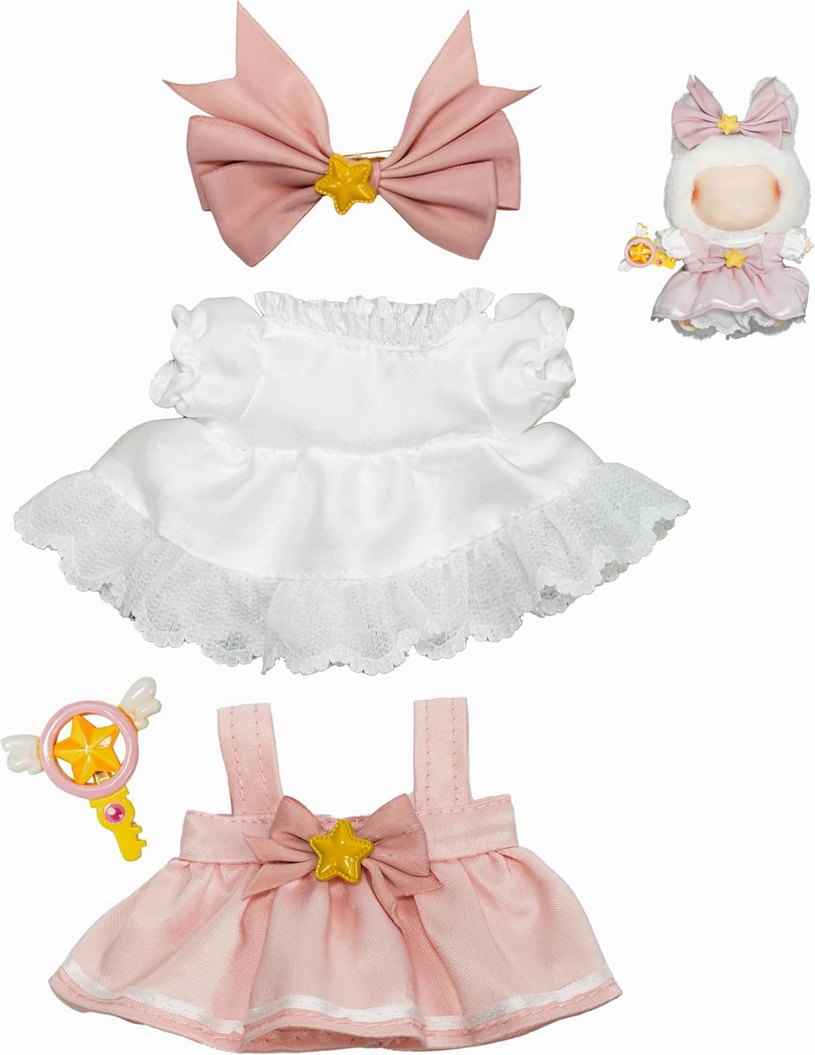 Clothes for 15&17cm Plush Doll - Cute Outfits Compatible with Plush Dolls, Dress Up Costume Set for Blind Box Figures, The Monsters Series, Accessories, No Doll Included (Pink Dress)