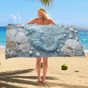 Coastal Seahorses Beach Towel Aqua Blue Ocean Style, Quick Dry Soft Sand Free Oversized Lightweight Blanket, Summer Vacation Pool Picnic Essentials 62x31 Inch