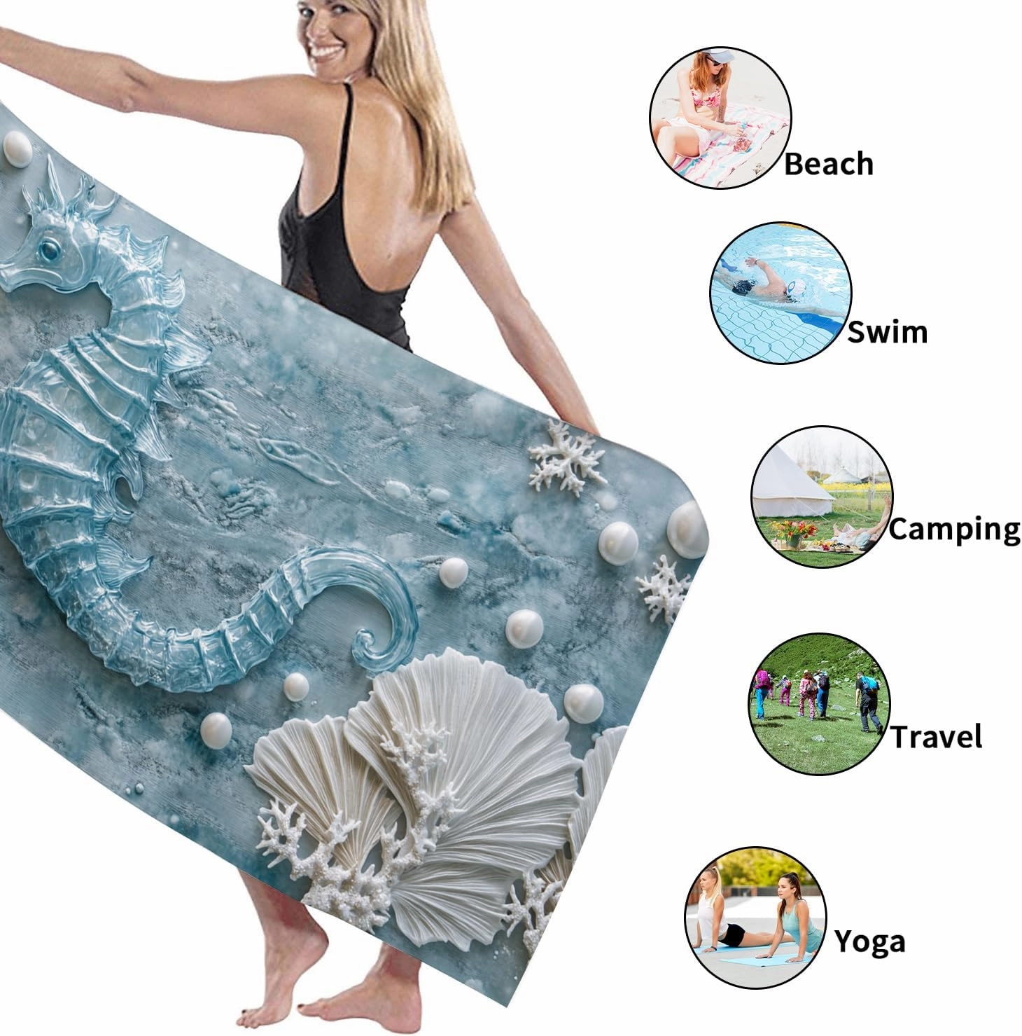 Coastal Seahorses Beach Towel Aqua Blue Ocean Style, Quick Dry Soft Sand Free Oversized Lightweight Blanket, Summer Vacation Pool Picnic Essentials 62x31 Inch