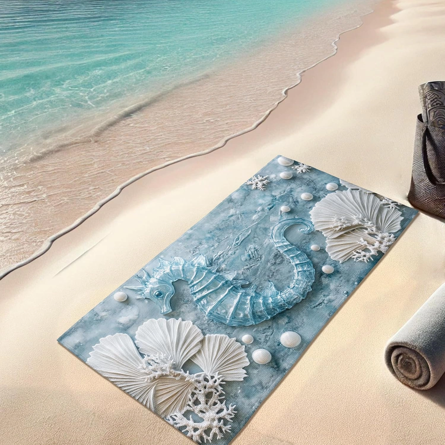 Coastal Seahorses Beach Towel Aqua Blue Ocean Style, Quick Dry Soft Sand Free Oversized Lightweight Blanket, Summer Vacation Pool Picnic Essentials 62x31 Inch