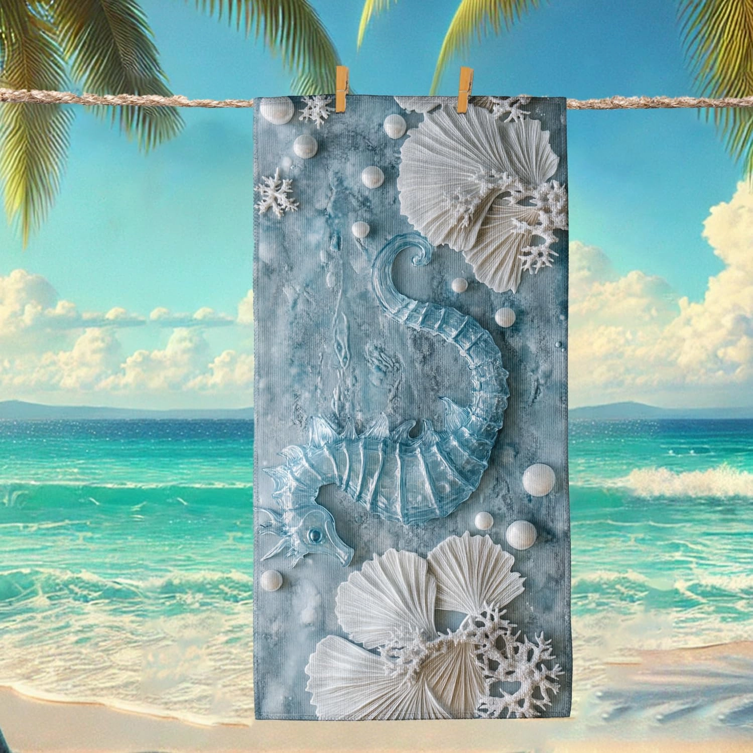 Coastal Seahorses Beach Towel Aqua Blue Ocean Style, Quick Dry Soft Sand Free Oversized Lightweight Blanket, Summer Vacation Pool Picnic Essentials 62x31 Inch