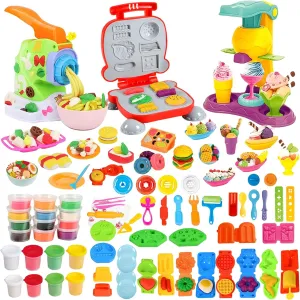 Color Dough Playset 80PCS Burger Noodles Ice-Cream Maker Machine 3 in 1 Kitchen Creations Toys Food Modeling Play Game with Deluxe Tools Wheat Doughs 20PCS for Boys Girls Ages 3 