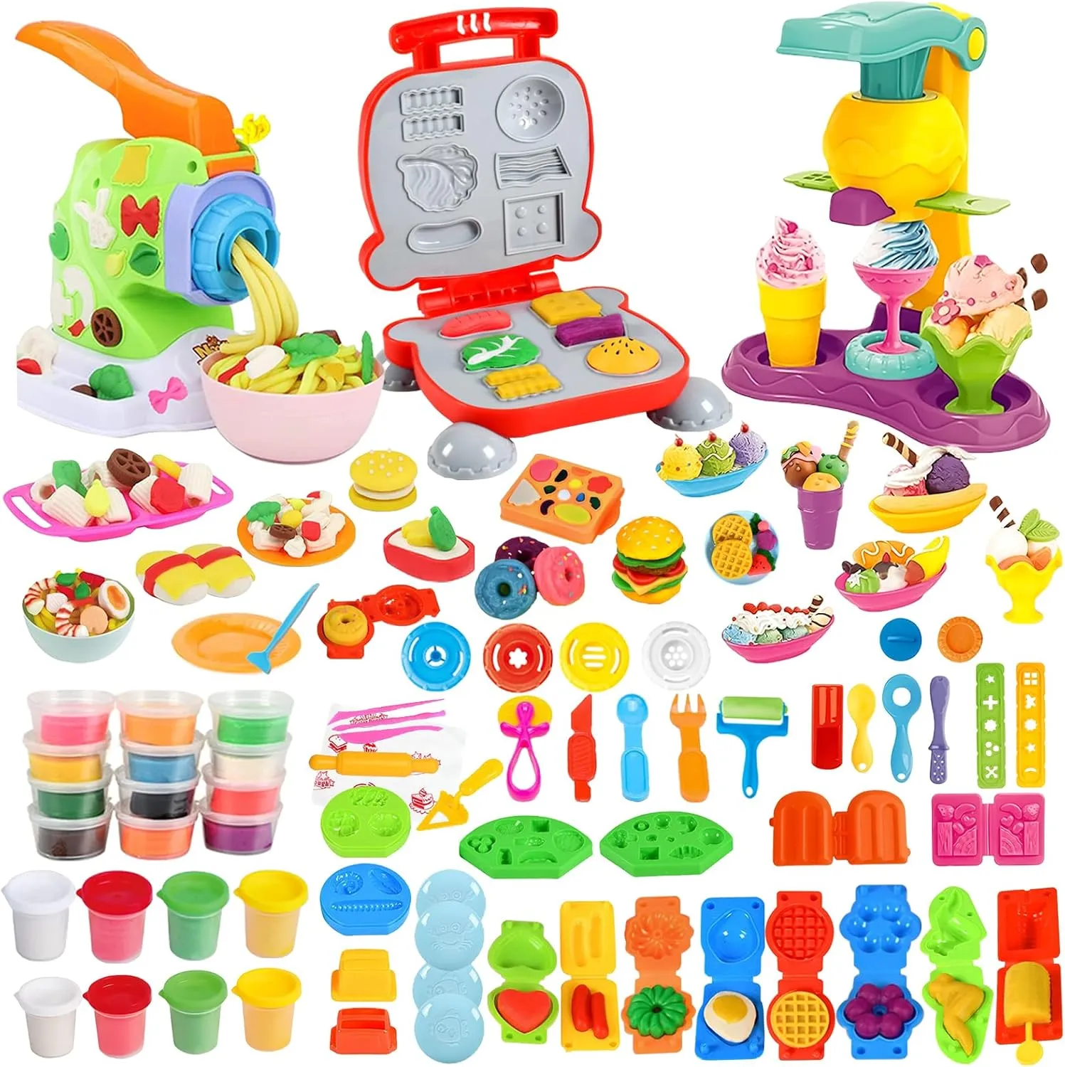 Color Dough Playset 80PCS Burger Noodles Ice-Cream Maker Machine 3 in 1 Kitchen Creations Toys Food Modeling Play Game with Deluxe Tools Wheat Doughs 20PCS for Boys Girls Ages 3 