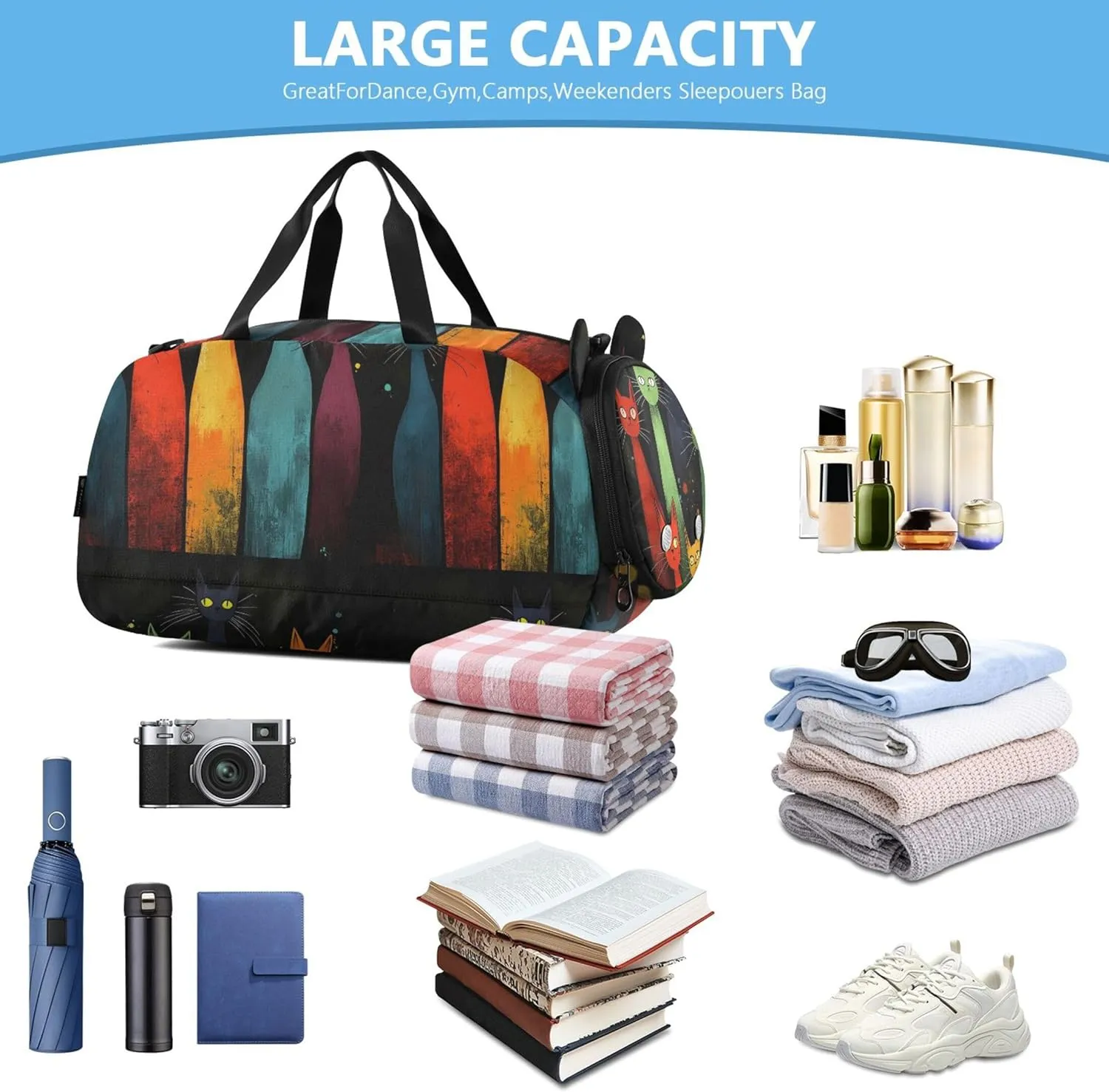 Colorful Cats Black Carry on Duffel Bag Boy Overnight Bags Toddler Girls Duffle Bags Travel Tote Kids Dance Duffle