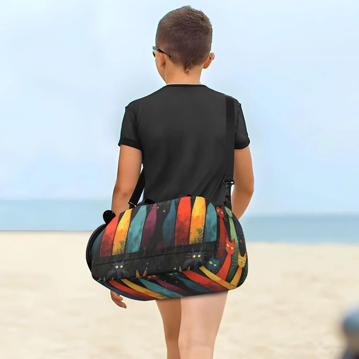 Colorful Cats Black Carry on Duffel Bag Boy Overnight Bags Toddler Girls Duffle Bags Travel Tote Kids Dance Duffle