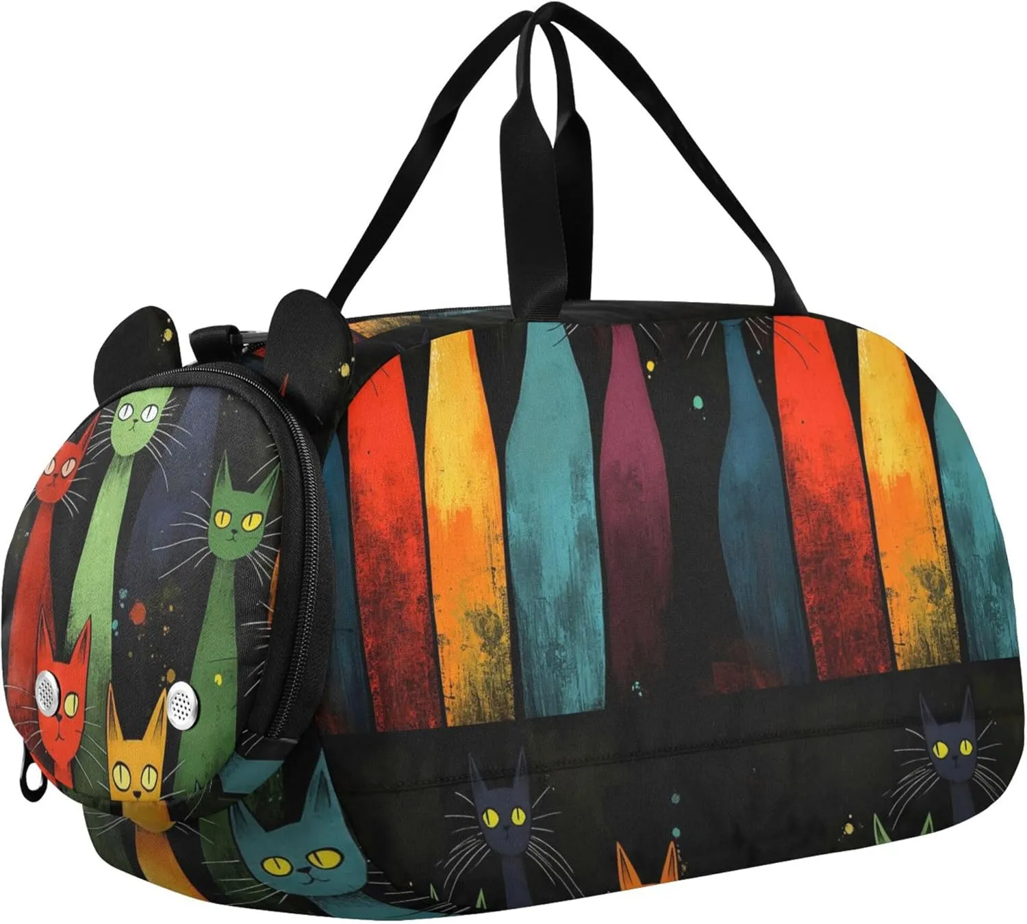 Colorful Cats Black Carry on Duffel Bag Boy Overnight Bags Toddler Girls Duffle Bags Travel Tote Kids Dance Duffle