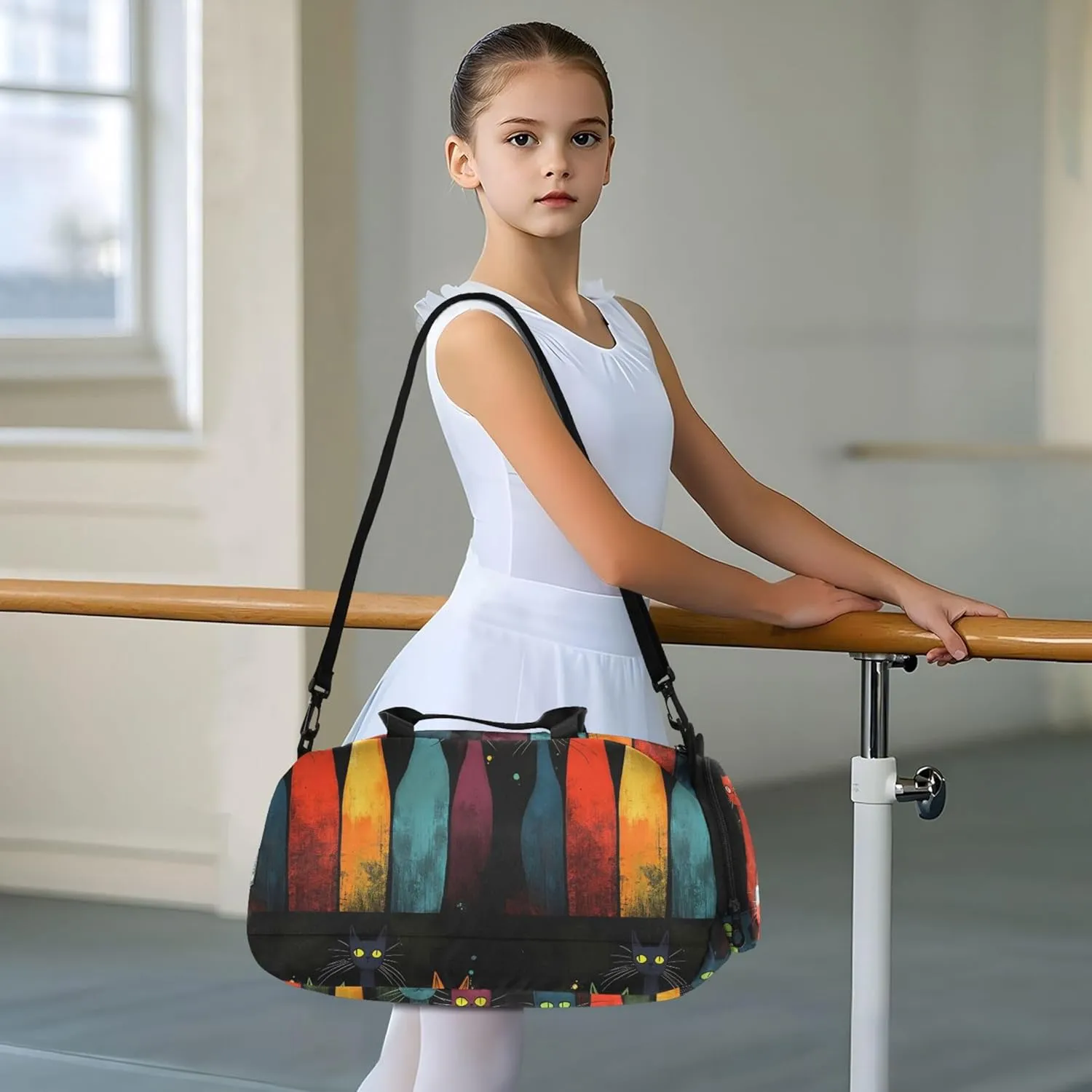 Colorful Cats Black Carry on Duffel Bag Boy Overnight Bags Toddler Girls Duffle Bags Travel Tote Kids Dance Duffle