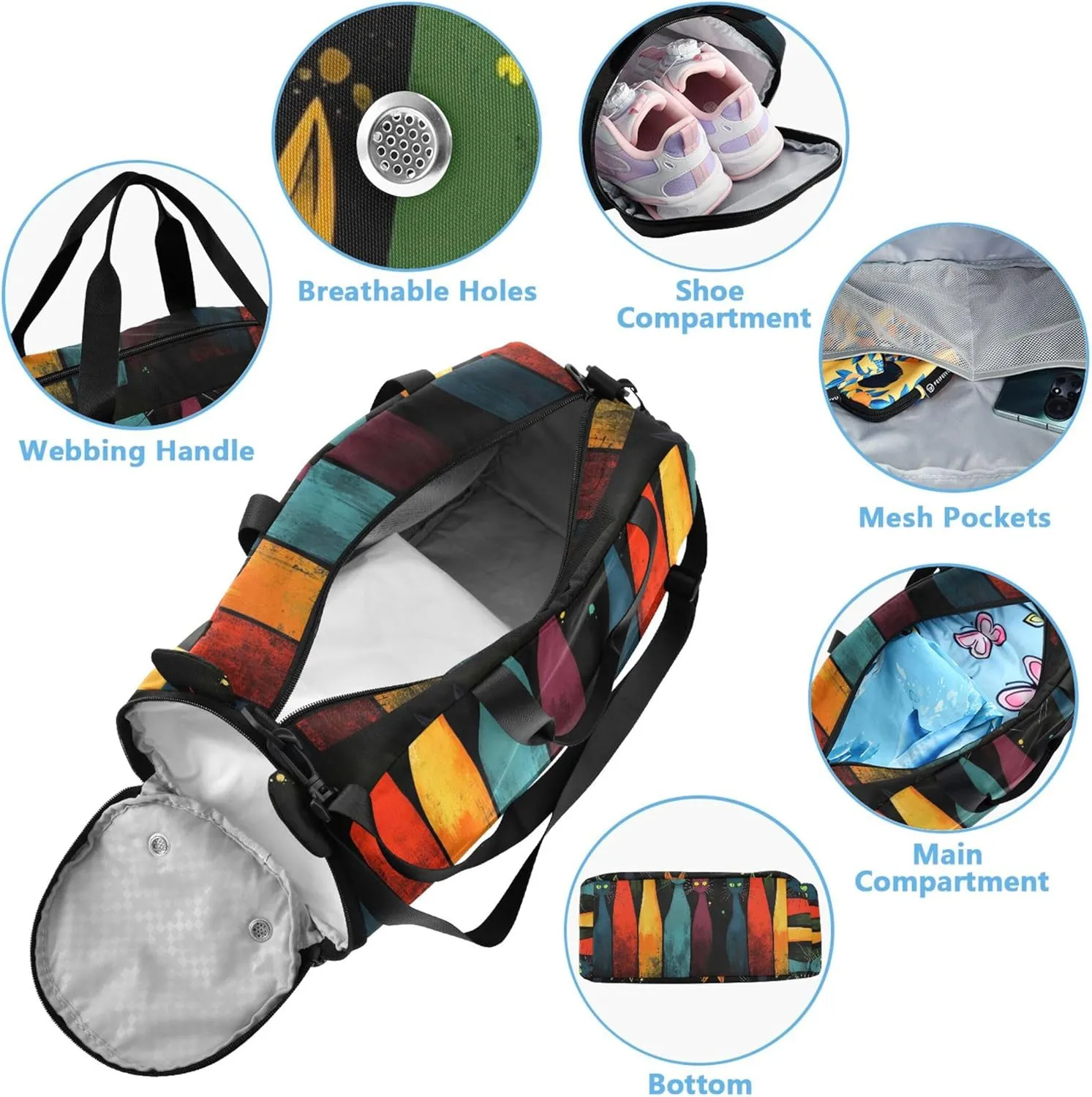Colorful Cats Black Carry on Duffel Bag Boy Overnight Bags Toddler Girls Duffle Bags Travel Tote Kids Dance Duffle