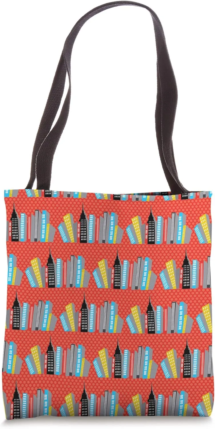 Colorful City Skyscrapers on a Red Dotted Background Tote Bag