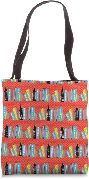 Colorful City Skyscrapers on a Red Dotted Background Tote Bag
