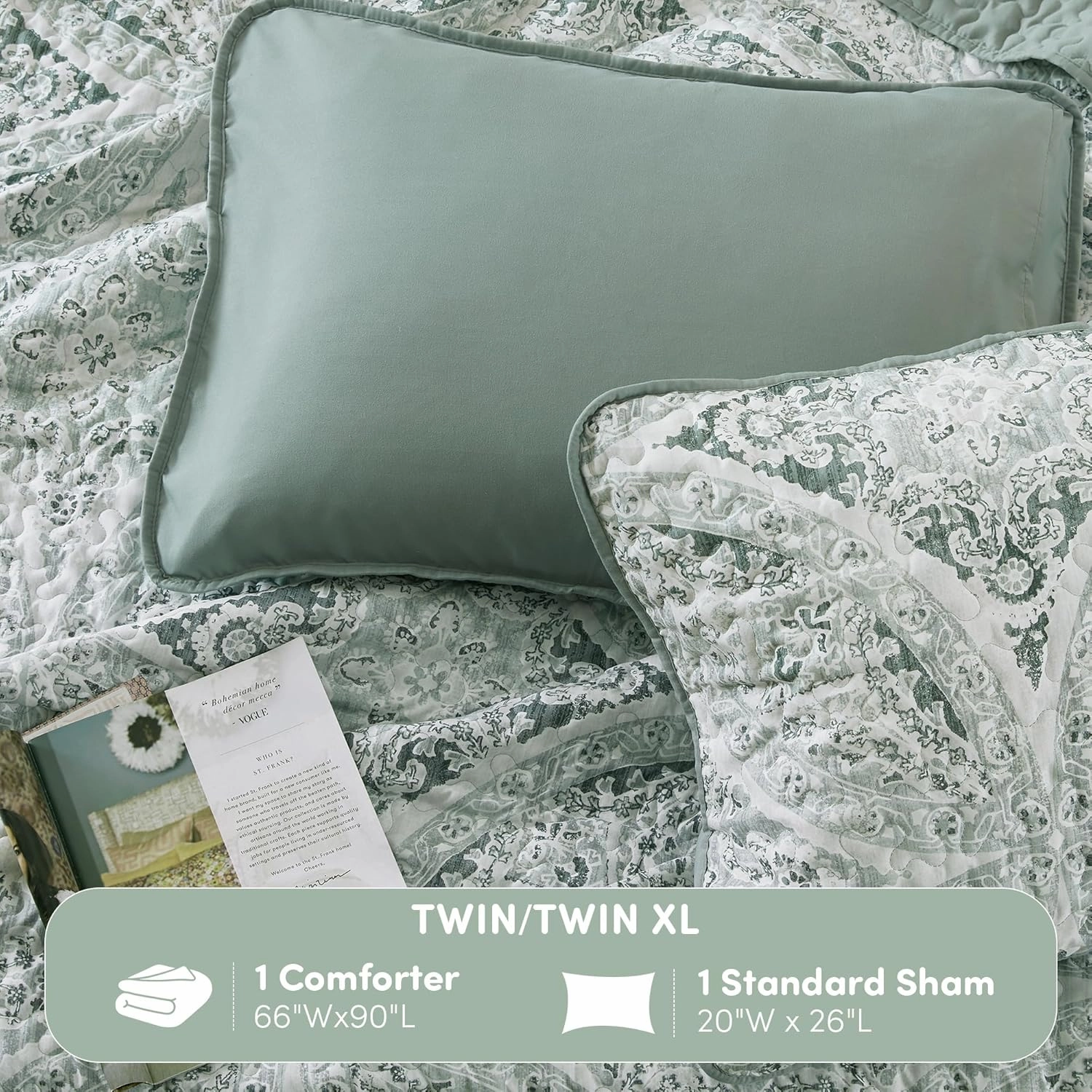 Comfort Spaces Boho Quilt Set Twin Reversible Vermicelli Quilting Twin Size Bed, All Season, Lightweight, Coverlet Winter Layer Bedding, Shams, Gloria, Twin/Twin XL Green 2 Piece