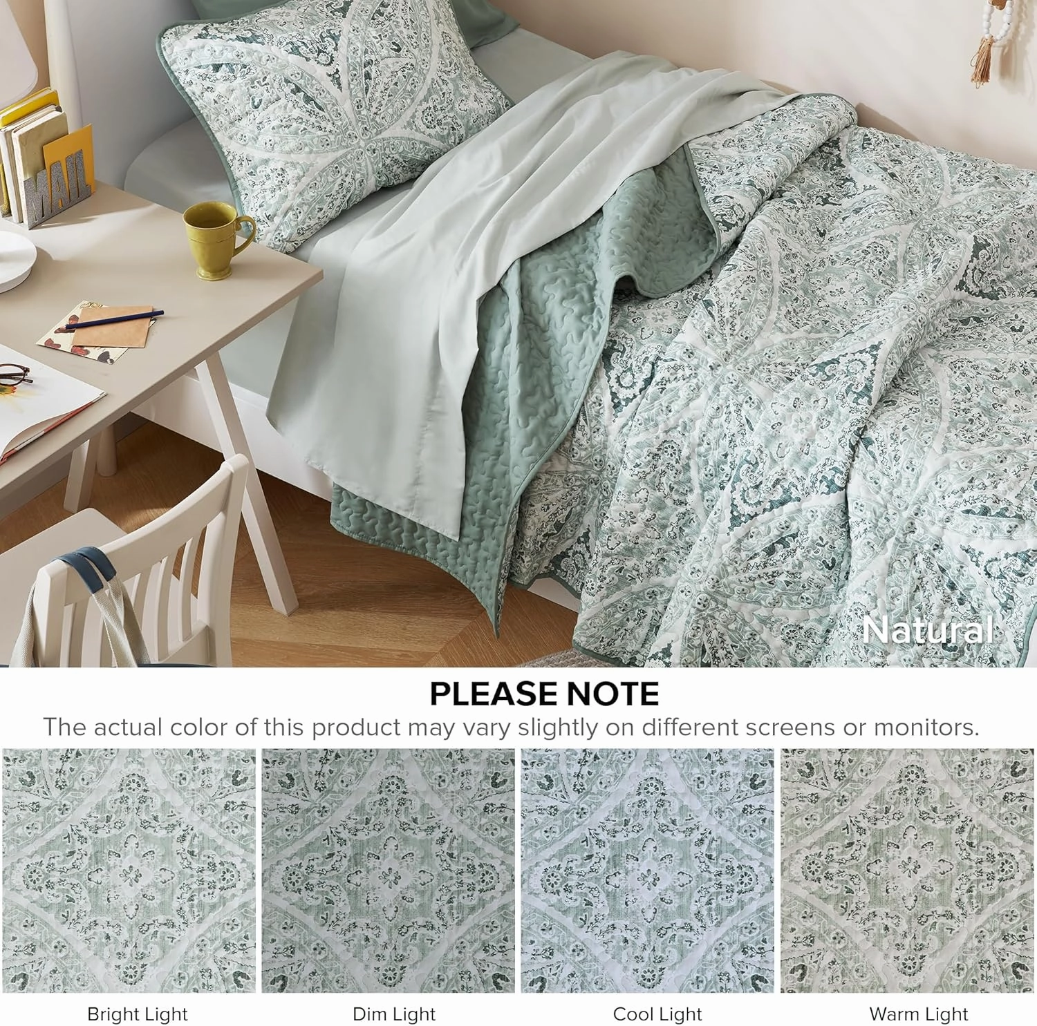 Comfort Spaces Boho Quilt Set Twin Reversible Vermicelli Quilting Twin Size Bed, All Season, Lightweight, Coverlet Winter Layer Bedding, Shams, Gloria, Twin/Twin XL Green 2 Piece