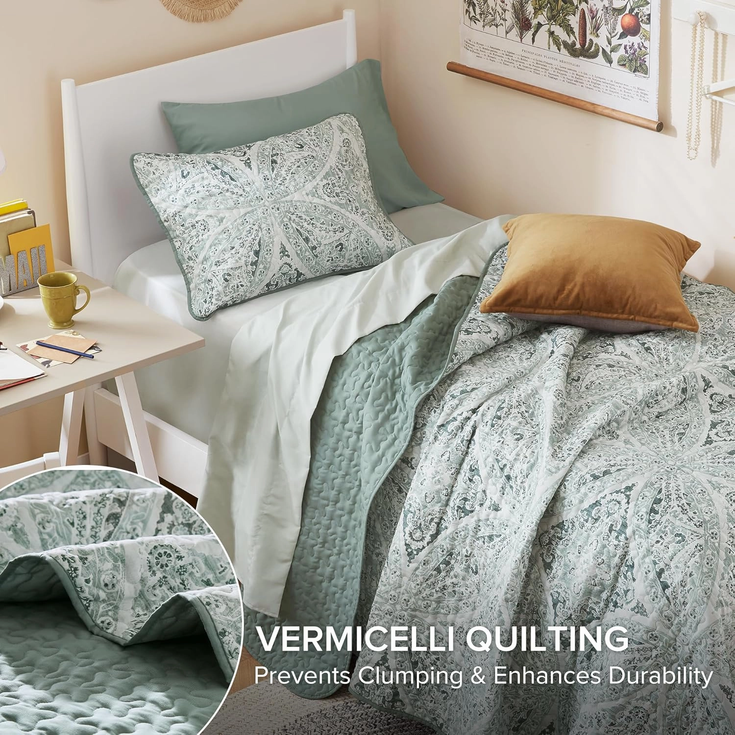 Comfort Spaces Boho Quilt Set Twin Reversible Vermicelli Quilting Twin Size Bed, All Season, Lightweight, Coverlet Winter Layer Bedding, Shams, Gloria, Twin/Twin XL Green 2 Piece