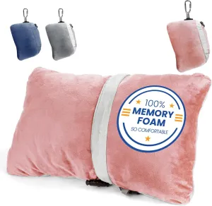 Compact Travel Pillow Made with Shredded Memory Foam and Super Soft Fleece Fabric for Ultimate Comfort in Travel. Patented Design Rolls and Compacts Small for Travel. (Pink)