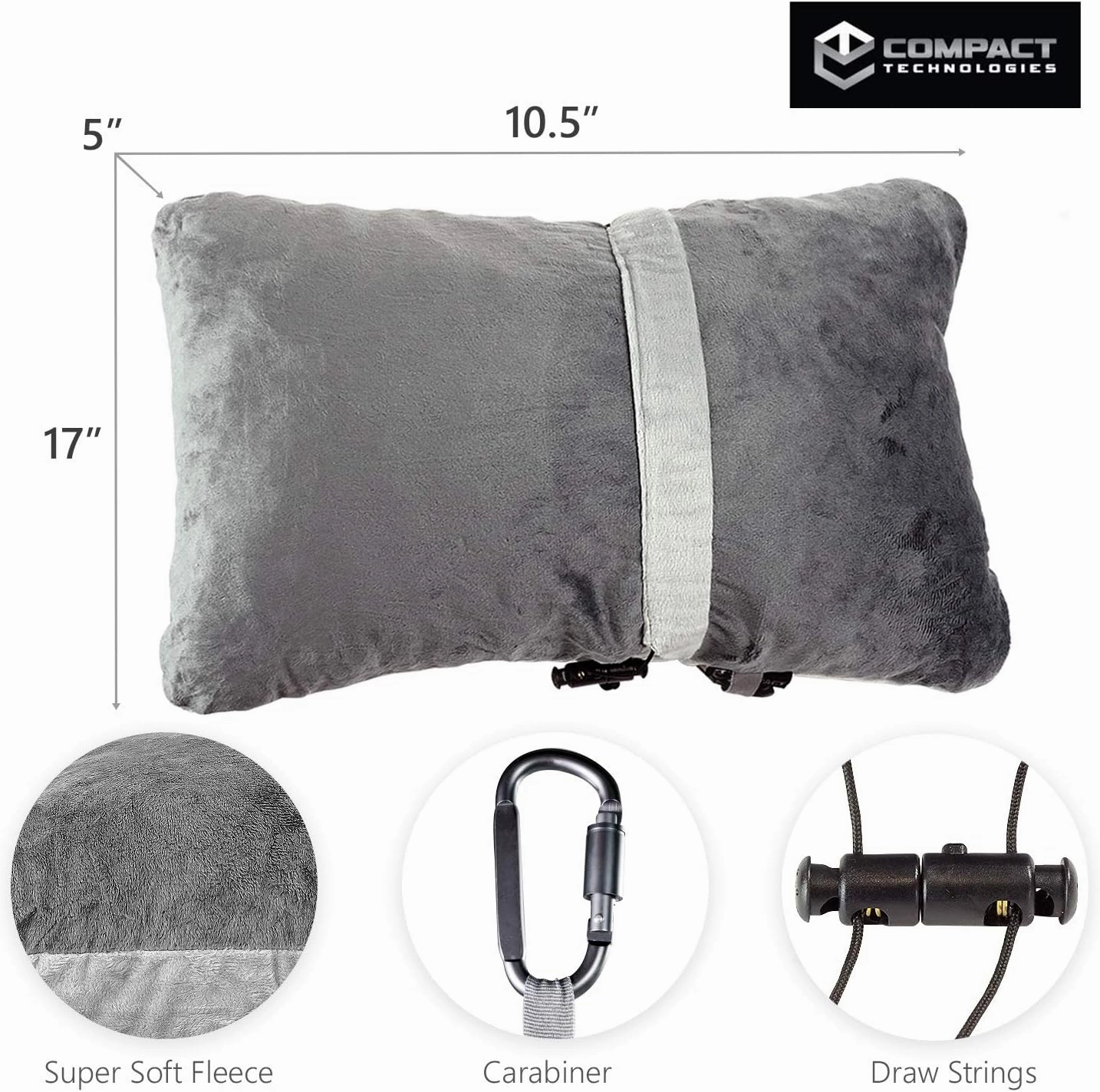 Compact Travel Pillow Made with Shredded Memory Foam and Super Soft Fleece Fabric for Ultimate Comfort in Travel. Patented Design Rolls and Compacts Small for Travel. (Grey)