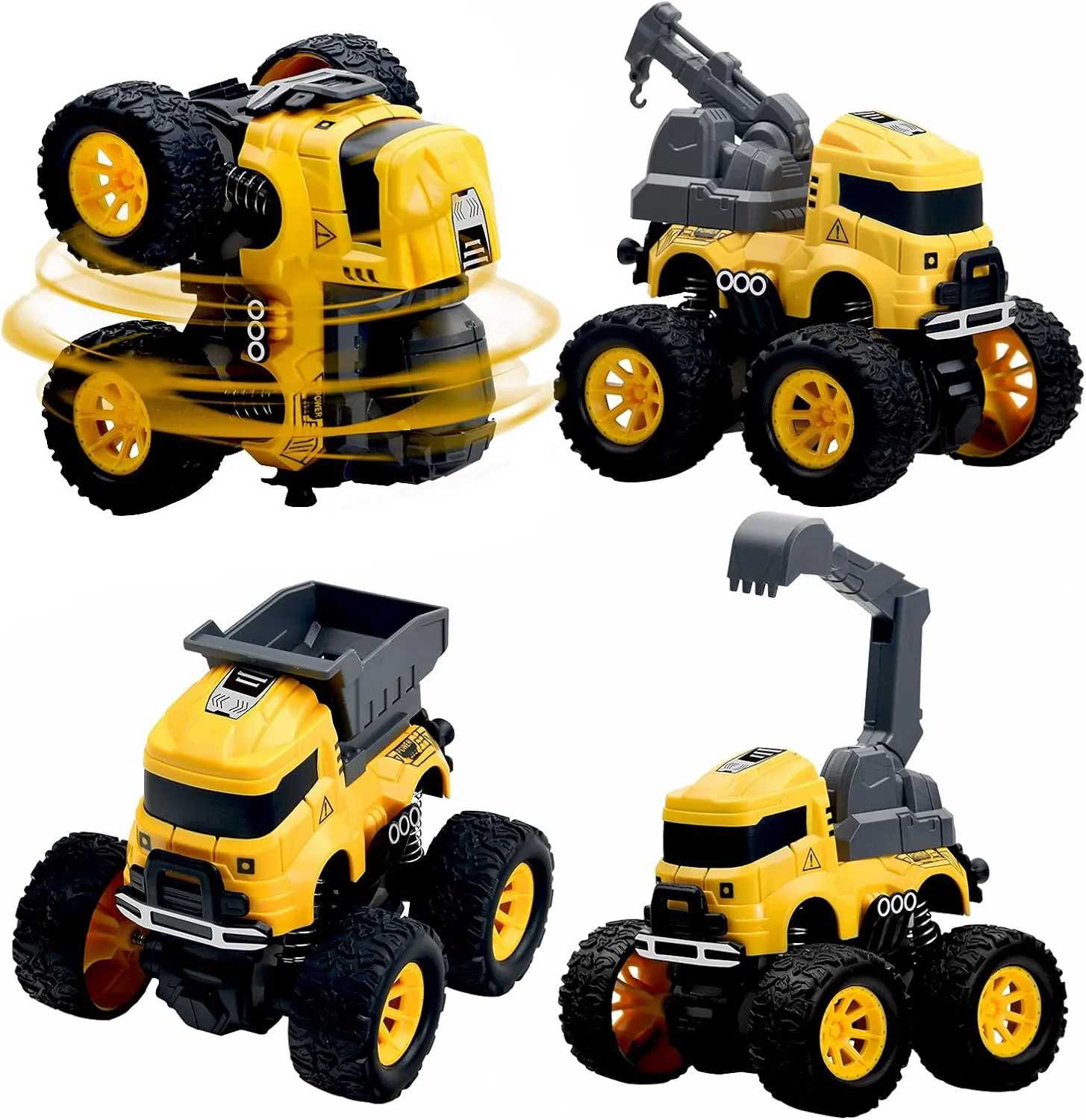 Construction Truck Toys - 4 Pack Excavator, Mixer, Crane, Dump Trucks Push and Go Friction Powered Cars Monster Stunt Vehicles Playset Kids Birthday Party Favors Gifts for 3  Year Old Boys Girls