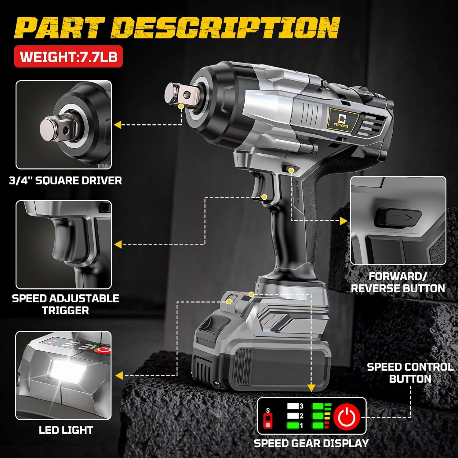 Cordless Impact Wrench 3/4 inch for Dewalt 20V Battery, 1850ft-lbs (2500N.m) Brushless Electric Impact Gun, High Torque Impact Driver, Bare Tool Only, for Heavy-Duty Automotive & Industrial Tasks