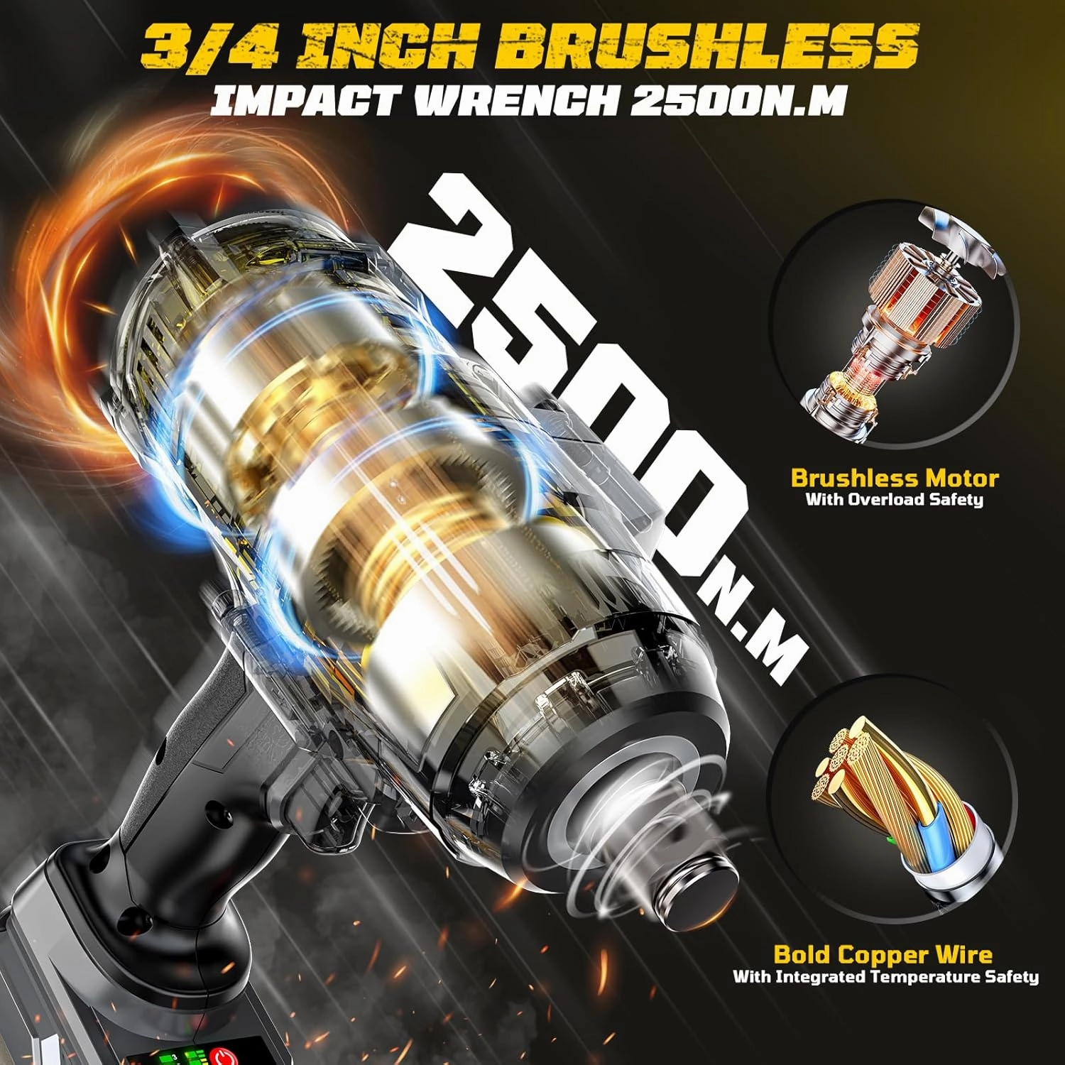 Cordless Impact Wrench 3/4 inch for Dewalt 20V Battery, 1850ft-lbs (2500N.m) Brushless Electric Impact Gun, High Torque Impact Driver, Bare Tool Only, for Heavy-Duty Automotive & Industrial Tasks