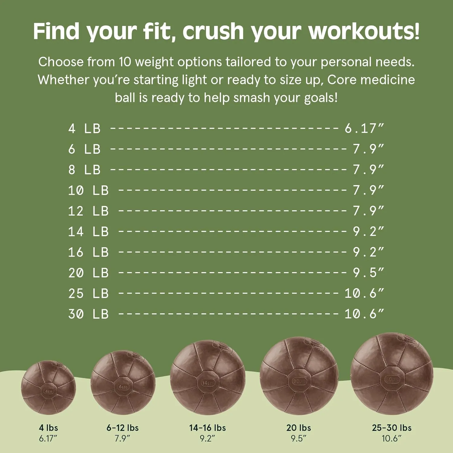 Core Weighted Medicine Ball 4, 6, 8, 10, 12, 14, 16, 20, 25, 30 lbs, Soft Touch Vegan Leather with Sturdy Grip for Strength Training, Recovery, Balance Exercises and Other Full-Body Workouts