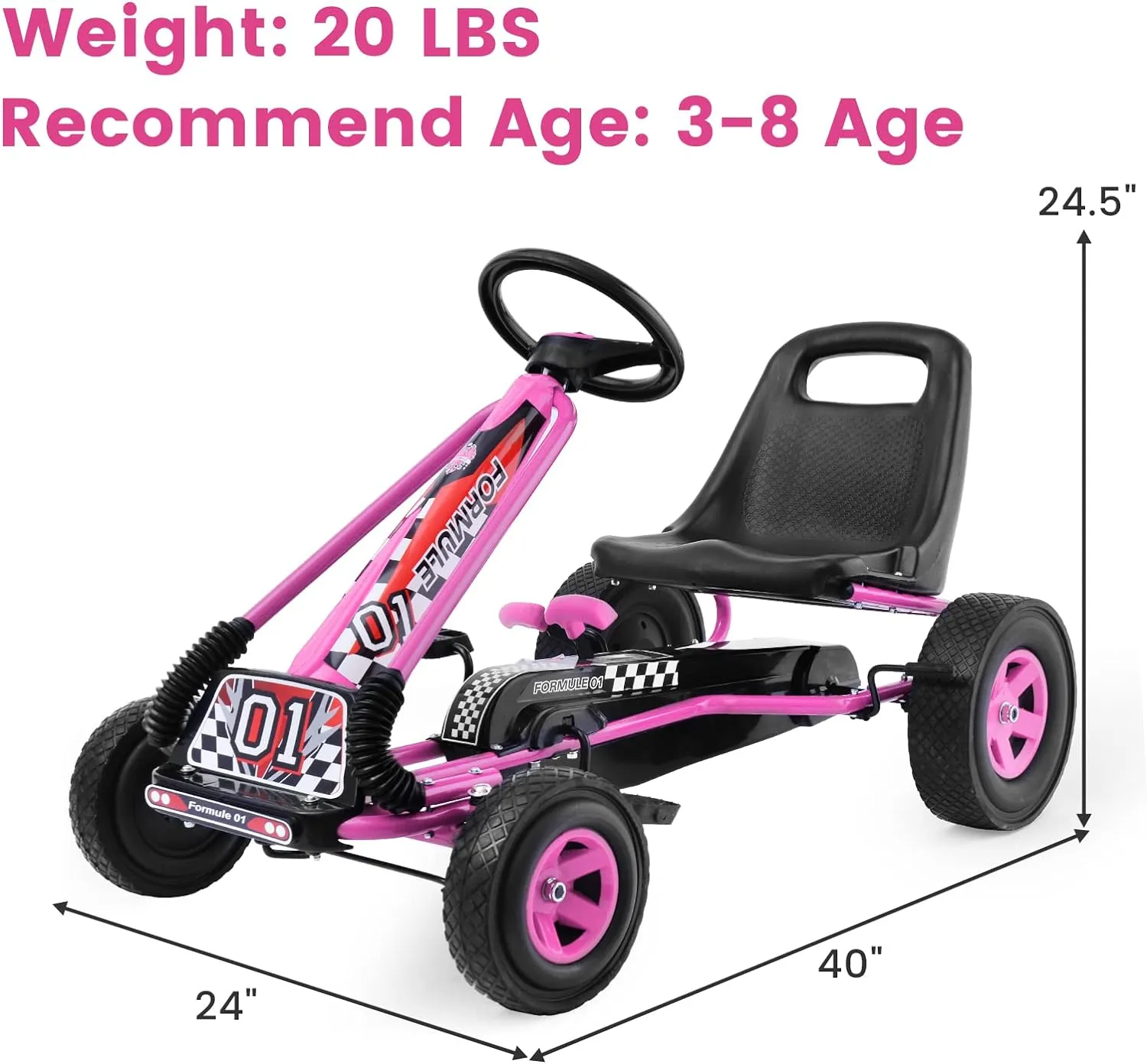 Costzon Go Kart for Kids, 4 Wheel Off-Road Pedal Go Cart w/Adjustable Seat, Steering Wheel, 2 Safety Brakes, EVA Rubber Tires, Ride-On Toys for Boys & Girls, Outdoor Racer Ride On Pedal Car (Pink)
