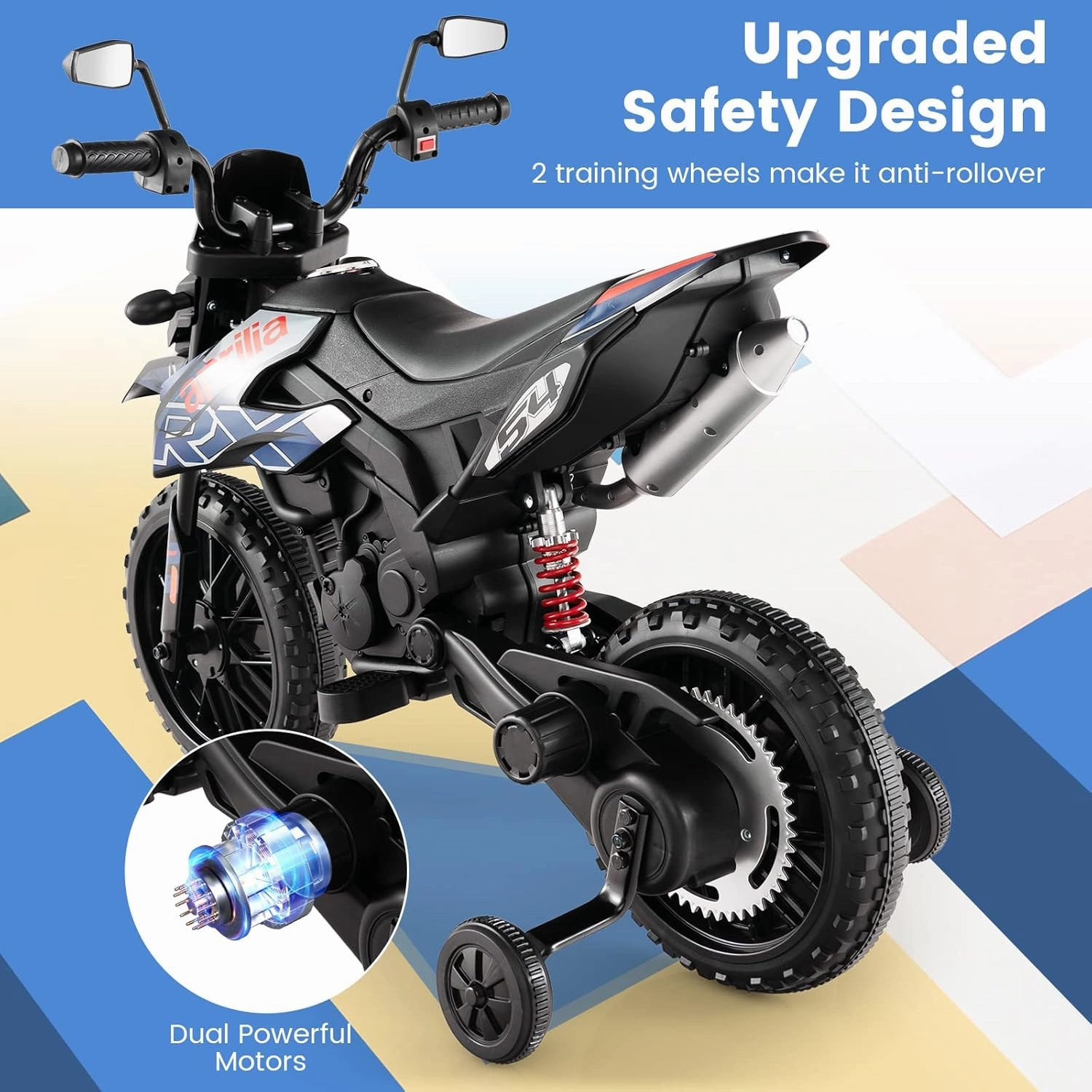 Costzon 12V Kids Motorcycle with Training Wheels, Licensed Aprilia Battery Powered Toddler Motorbike w/Light, Music, Wireless Function, Spring Suspension, Electric Dirt Bike for Boys Girls (Blue)