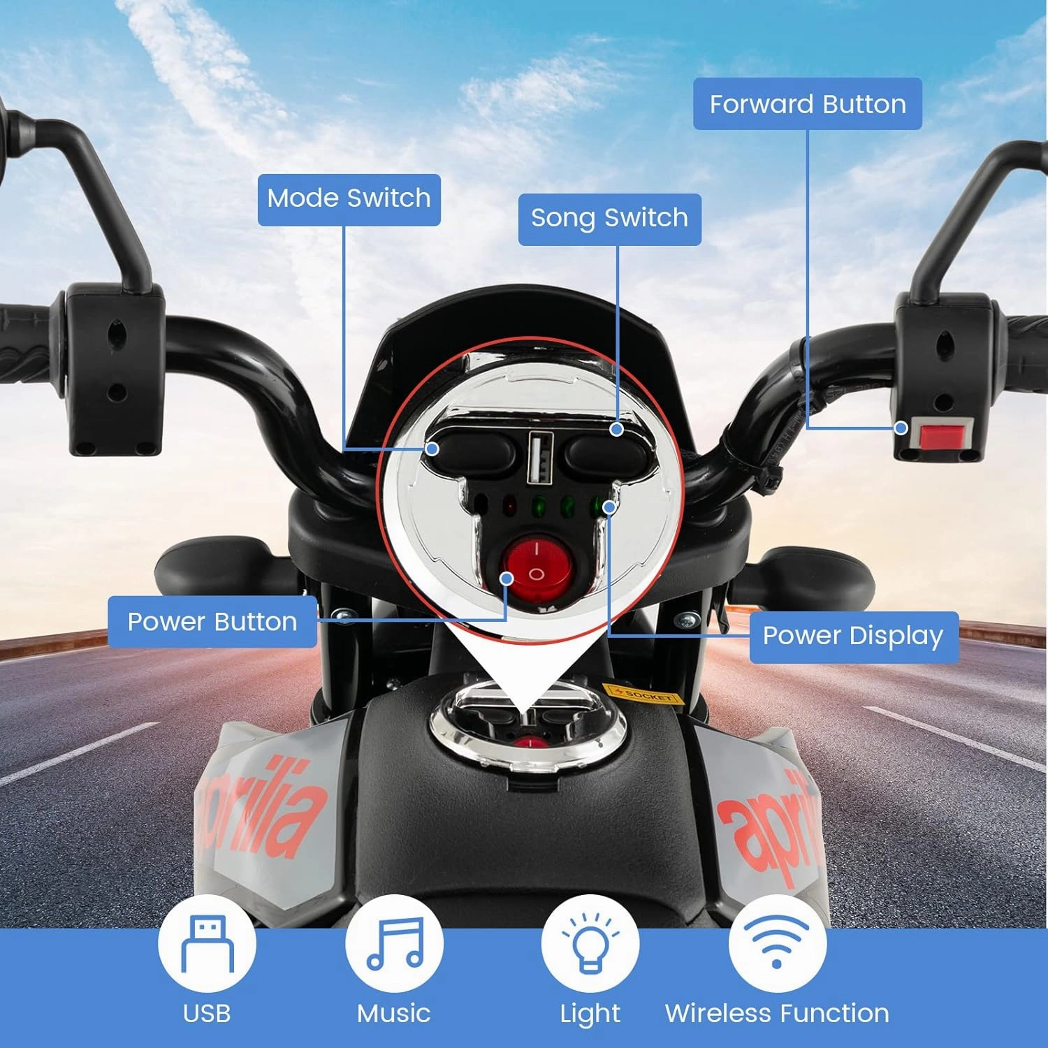 Costzon 12V Kids Motorcycle with Training Wheels, Licensed Aprilia Battery Powered Toddler Motorbike w/Light, Music, Wireless Function, Spring Suspension, Electric Dirt Bike for Boys Girls (Blue)