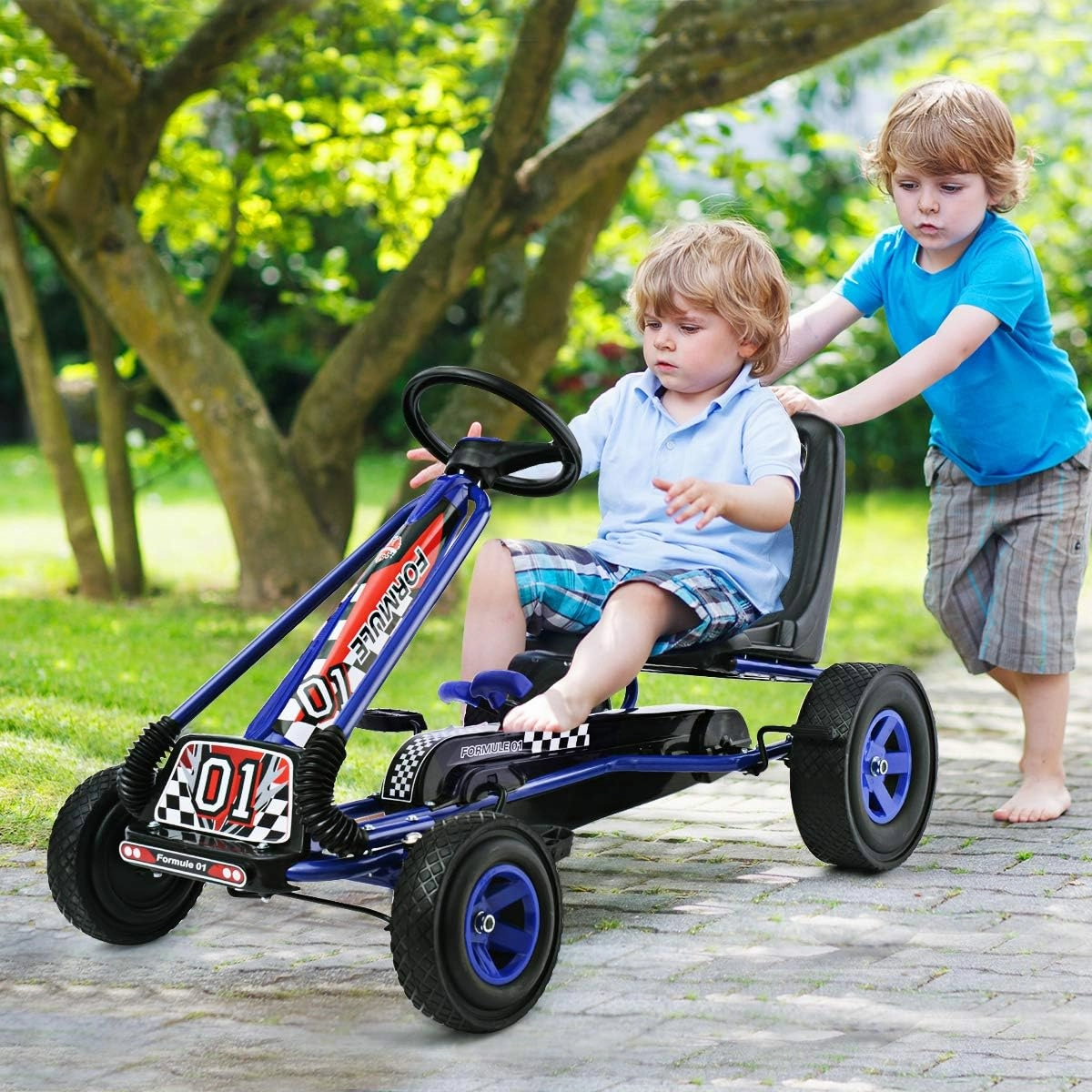 Costzon Go Kart for Kids, 4 Wheel Off-Road Pedal Go Cart w/Adjustable Seat, Steering Wheel, 2 Safety Brakes, EVA Rubber Tires, Ride-On Toys for Boys & Girls, Outdoor Racer Ride On Pedal Car (Blue)