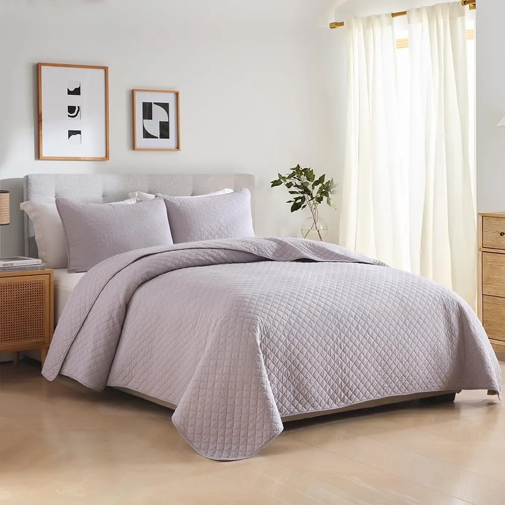 Cotton King Quilt Bedding Sets, 3 Pieces Reversible Lightweight Coverlets Comforters Bedspreads for All Seasons, Geometric Stitched Pattern, Grey