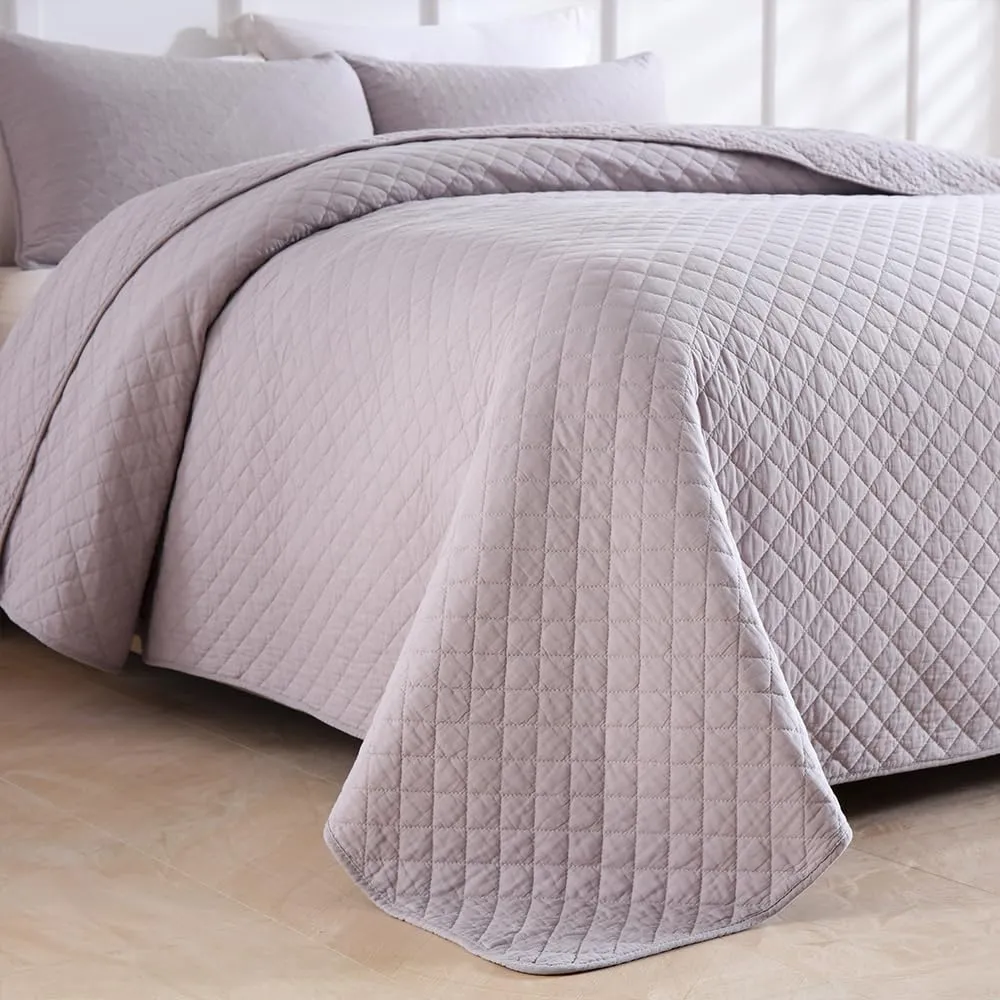 Cotton King Quilt Bedding Sets, 3 Pieces Reversible Lightweight Coverlets Comforters Bedspreads for All Seasons, Geometric Stitched Pattern, Grey