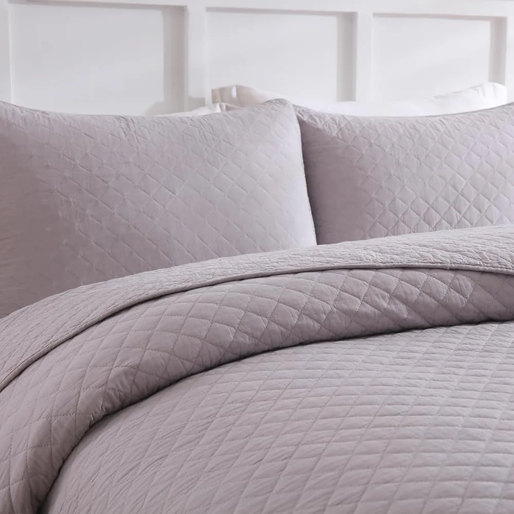 Cotton King Quilt Bedding Sets, 3 Pieces Reversible Lightweight Coverlets Comforters Bedspreads for All Seasons, Geometric Stitched Pattern, Grey