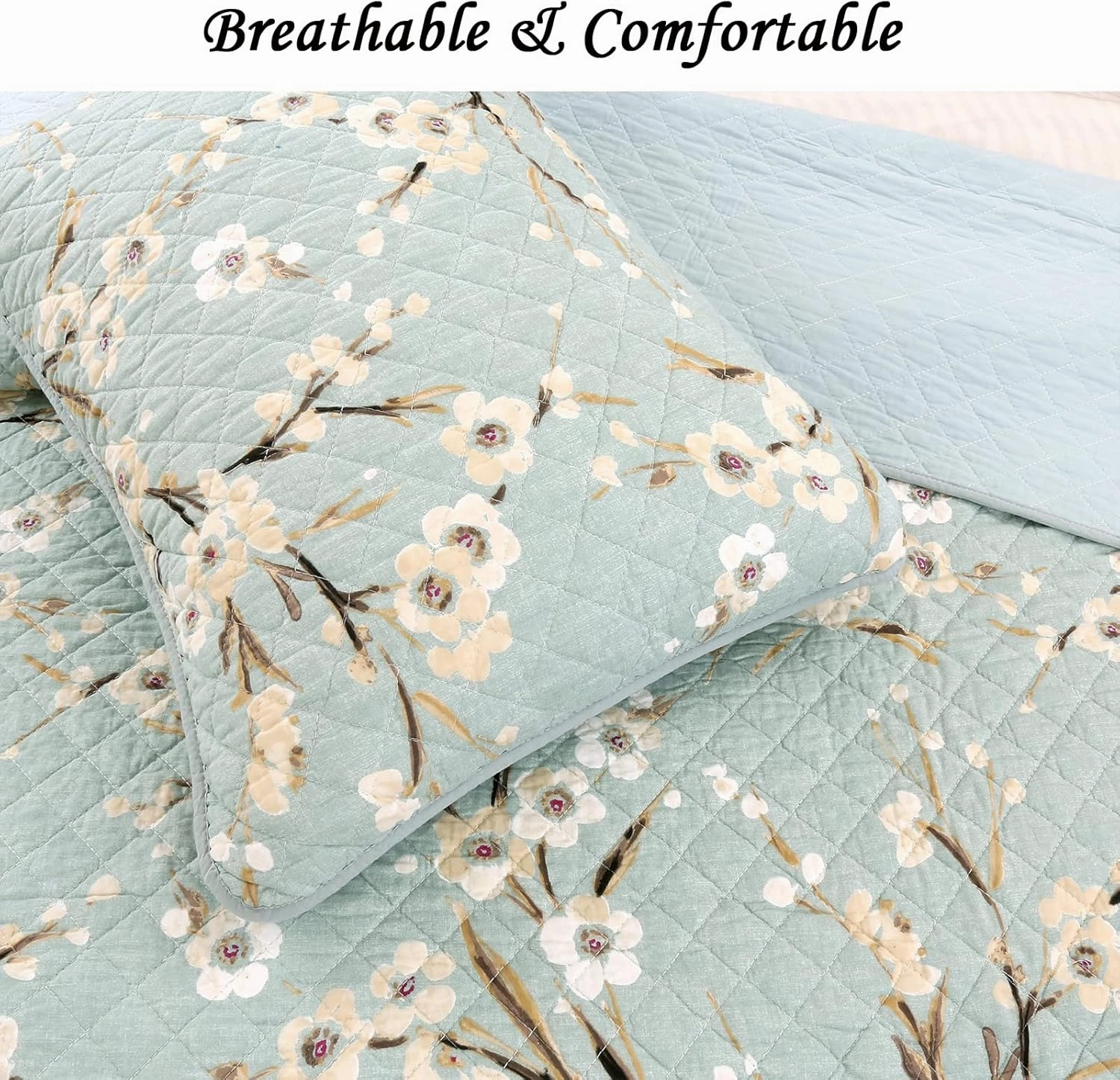 Cozy Line Home Fashions 3-Piece Cotton Queen Quilt Bedding Set, Cream Cherry Blossom Floral Cyan Blue Green Lightweight Reversible Coverlet Bedspread for All Season