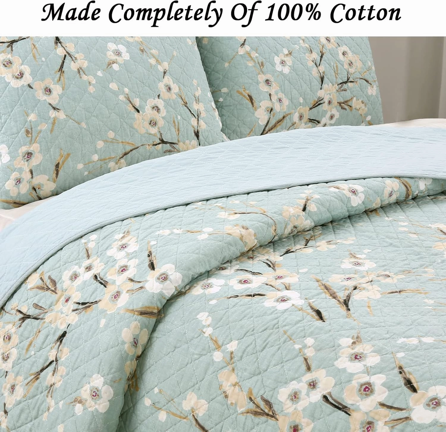 Cozy Line Home Fashions 3-Piece Cotton Queen Quilt Bedding Set, Cream Cherry Blossom Floral Cyan Blue Green Lightweight Reversible Coverlet Bedspread for All Season