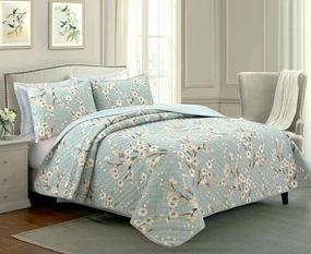Cozy Line Home Fashions 3-Piece Cotton Queen Quilt Bedding Set, Cream Cherry Blossom Floral Cyan Blue Green Lightweight Reversible Coverlet Bedspread for All Season