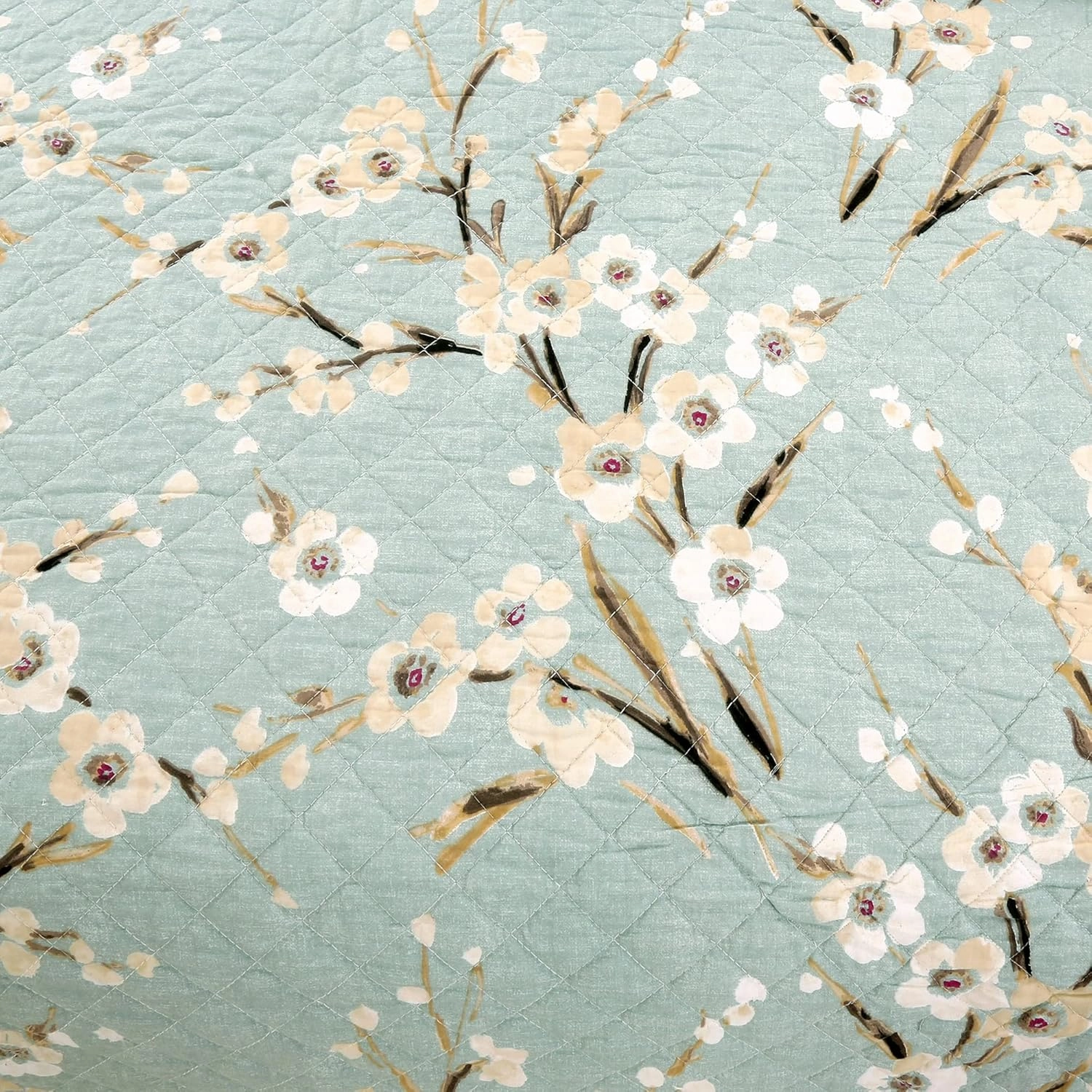 Cozy Line Home Fashions 3-Piece Cotton Queen Quilt Bedding Set, Cream Cherry Blossom Floral Cyan Blue Green Lightweight Reversible Coverlet Bedspread for All Season