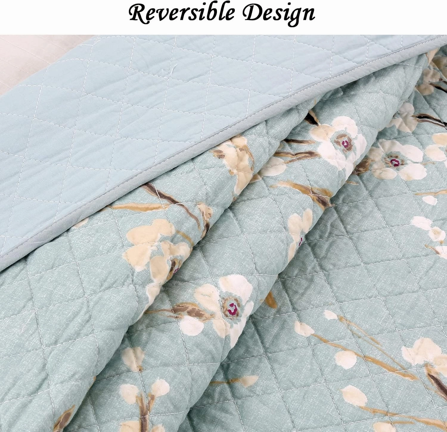 Cozy Line Home Fashions 3-Piece Cotton Queen Quilt Bedding Set, Cream Cherry Blossom Floral Cyan Blue Green Lightweight Reversible Coverlet Bedspread for All Season