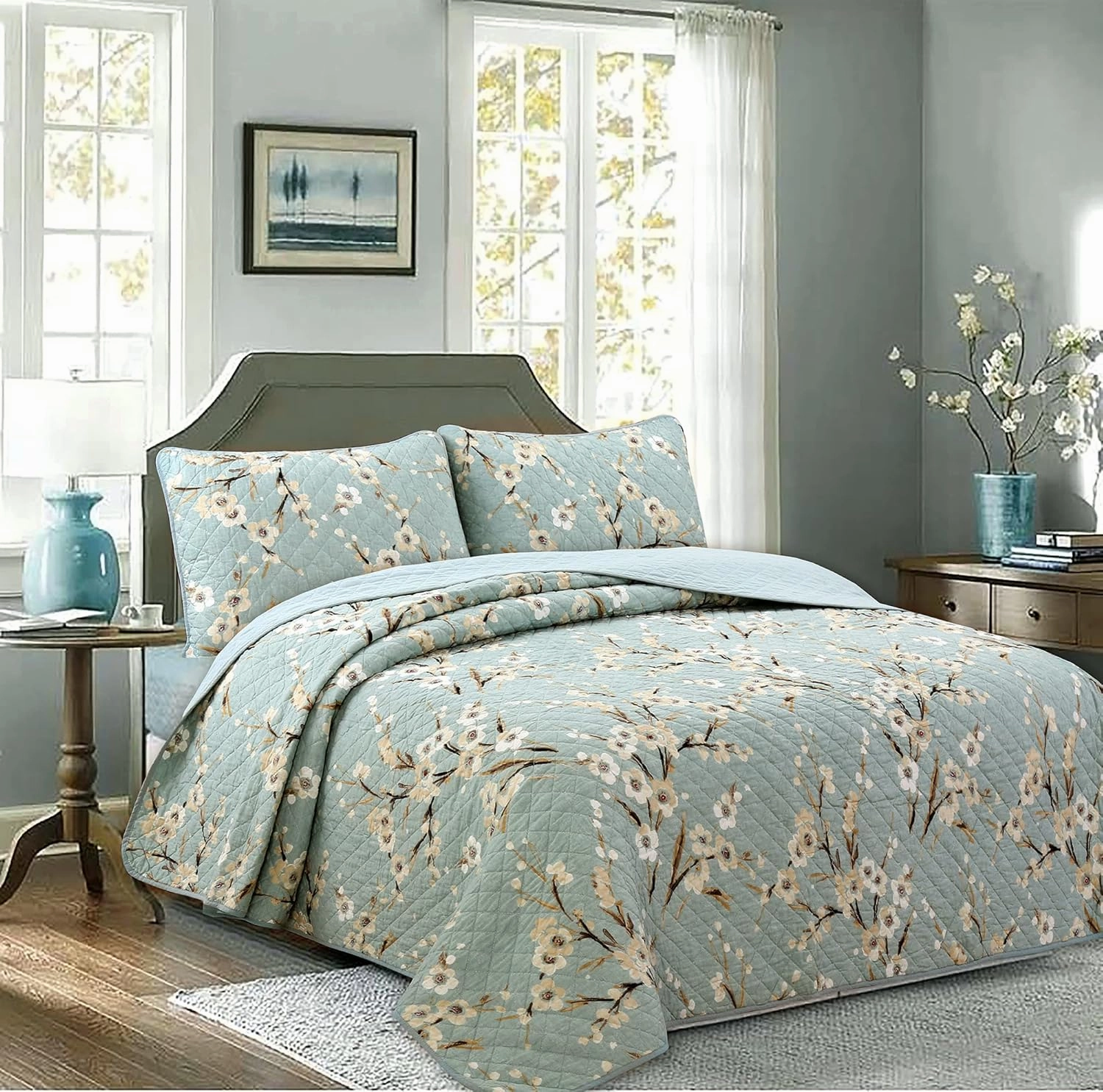 Cozy Line Home Fashions 3-Piece Cotton Queen Quilt Bedding Set, Cream Cherry Blossom Floral Cyan Blue Green Lightweight Reversible Coverlet Bedspread for All Season