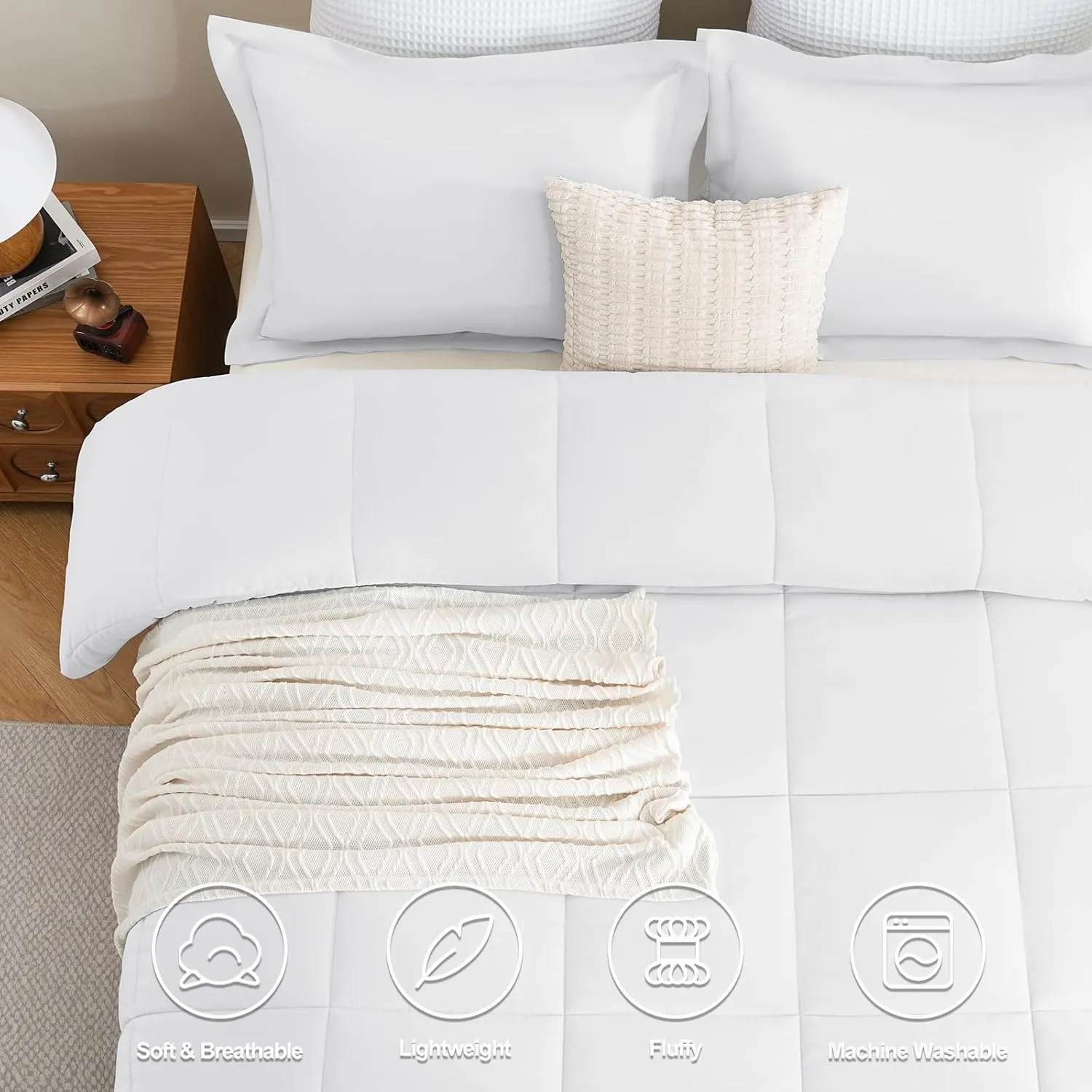 CozyLux Queen Size Comforter Sets White - 3 Pieces Box Stitched Queen Bed Set for All Seasons, Soft Lightweight Bedding Sets with 1 Down Alternative Comforter and 2 Pillow Shams