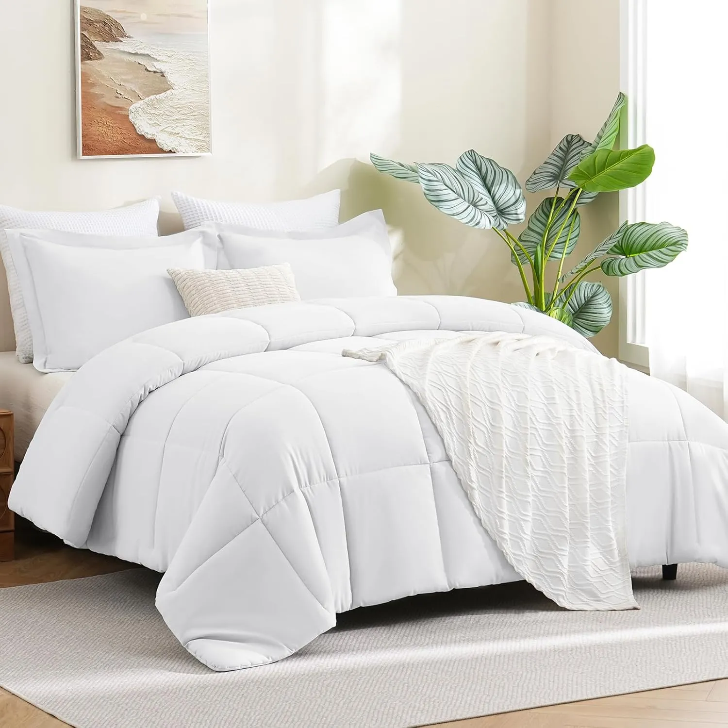 CozyLux Queen Size Comforter Sets White - 3 Pieces Box Stitched Queen Bed Set for All Seasons, Soft Lightweight Bedding Sets with 1 Down Alternative Comforter and 2 Pillow Shams